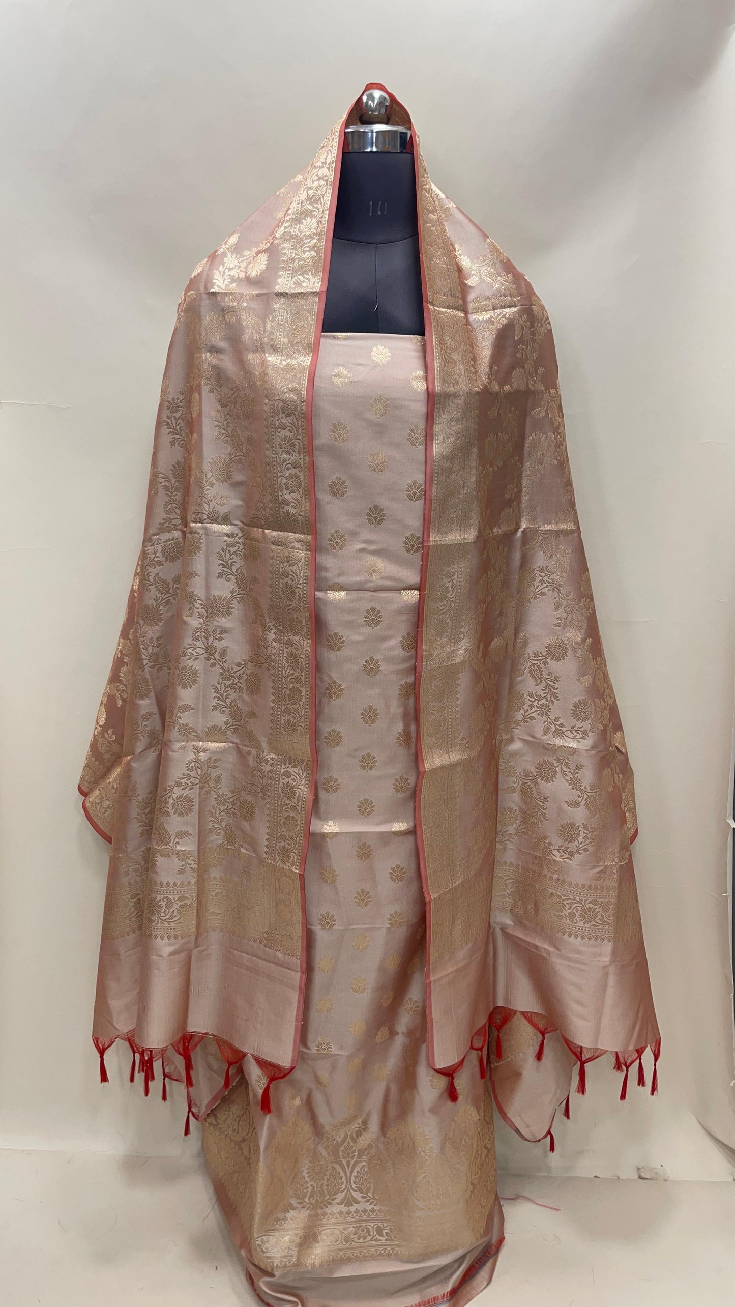 Beige Semi Katan Silk Handloom Banarasi 3 pcs Suit Set MUB_SK72