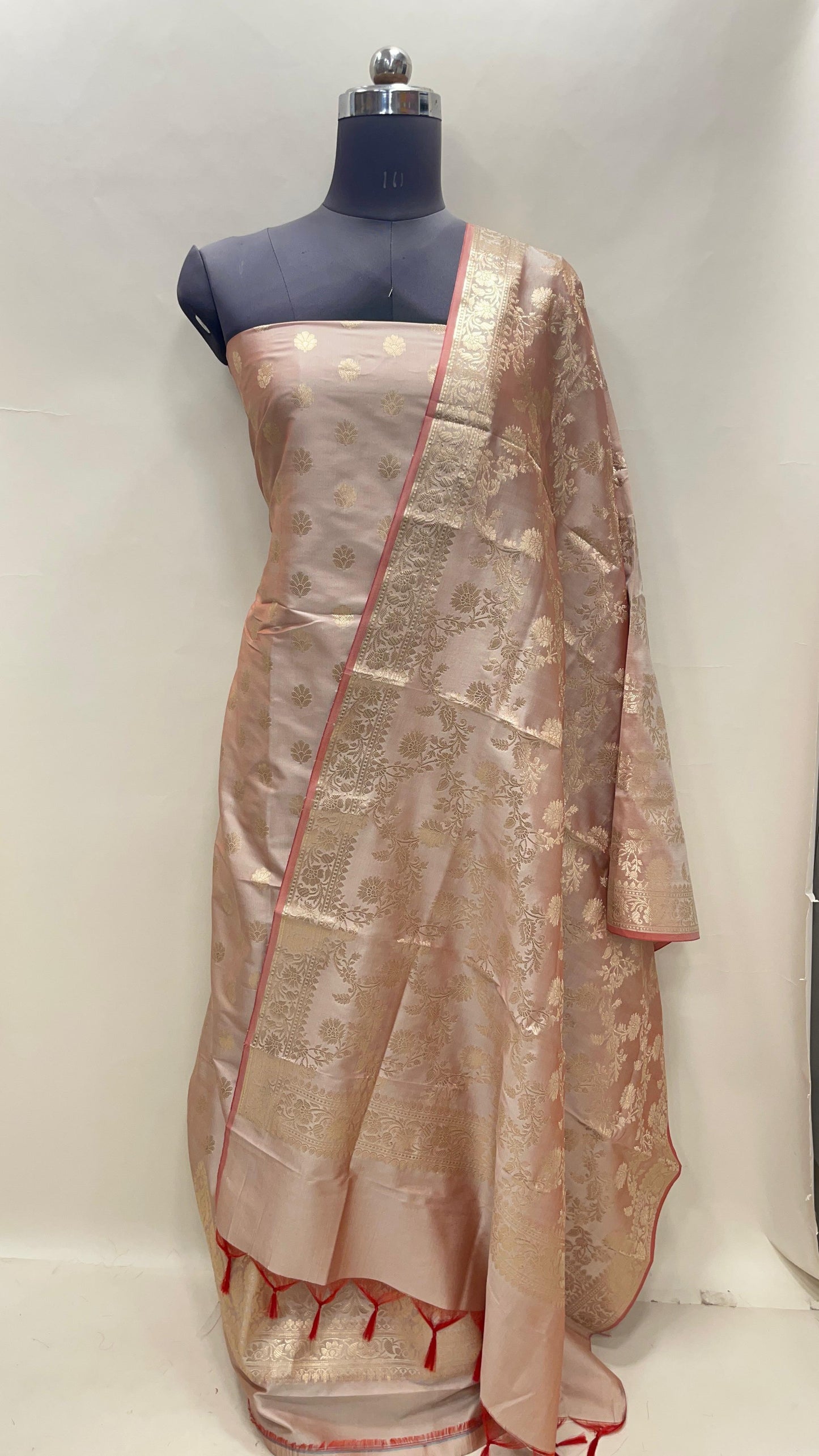 Beige Semi Katan Silk Handloom Banarasi 3 pcs Suit Set MUB_SK72
