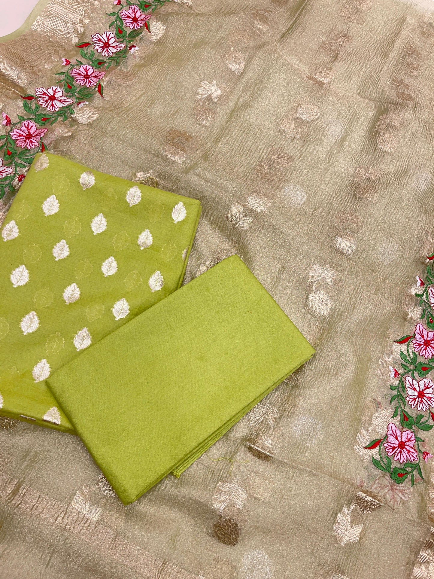 Light Green Pure Cotton Embroidery Tissue Dupatta Banarasi 3 pcs Suit Set IM_PCEM4