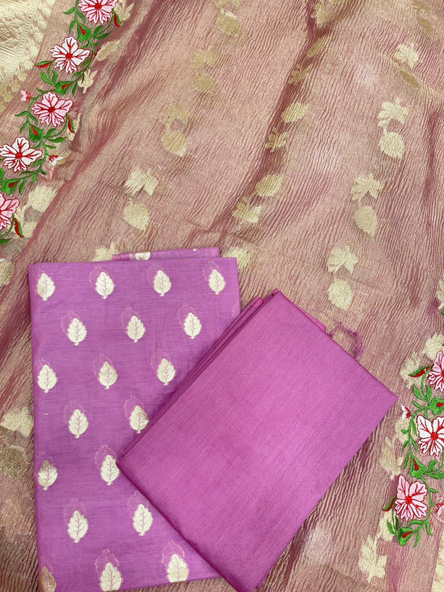 Lavender Pure Cotton Embroidery Tissue Dupatta Banarasi 3 pcs Suit Set IM_PCEM5