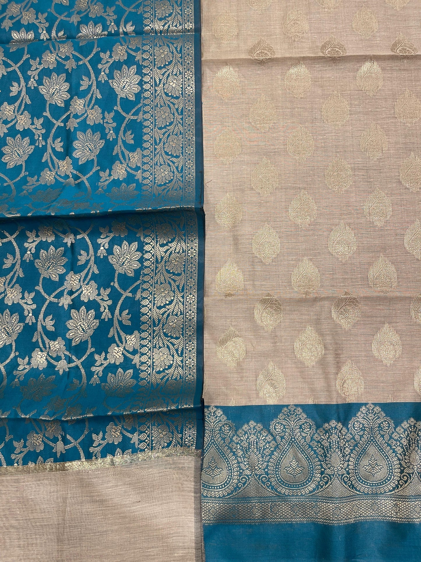 Beige Cotton Banarasi 3 pcs Suit Set with Contrast Sea green Dupatta IM_CS14