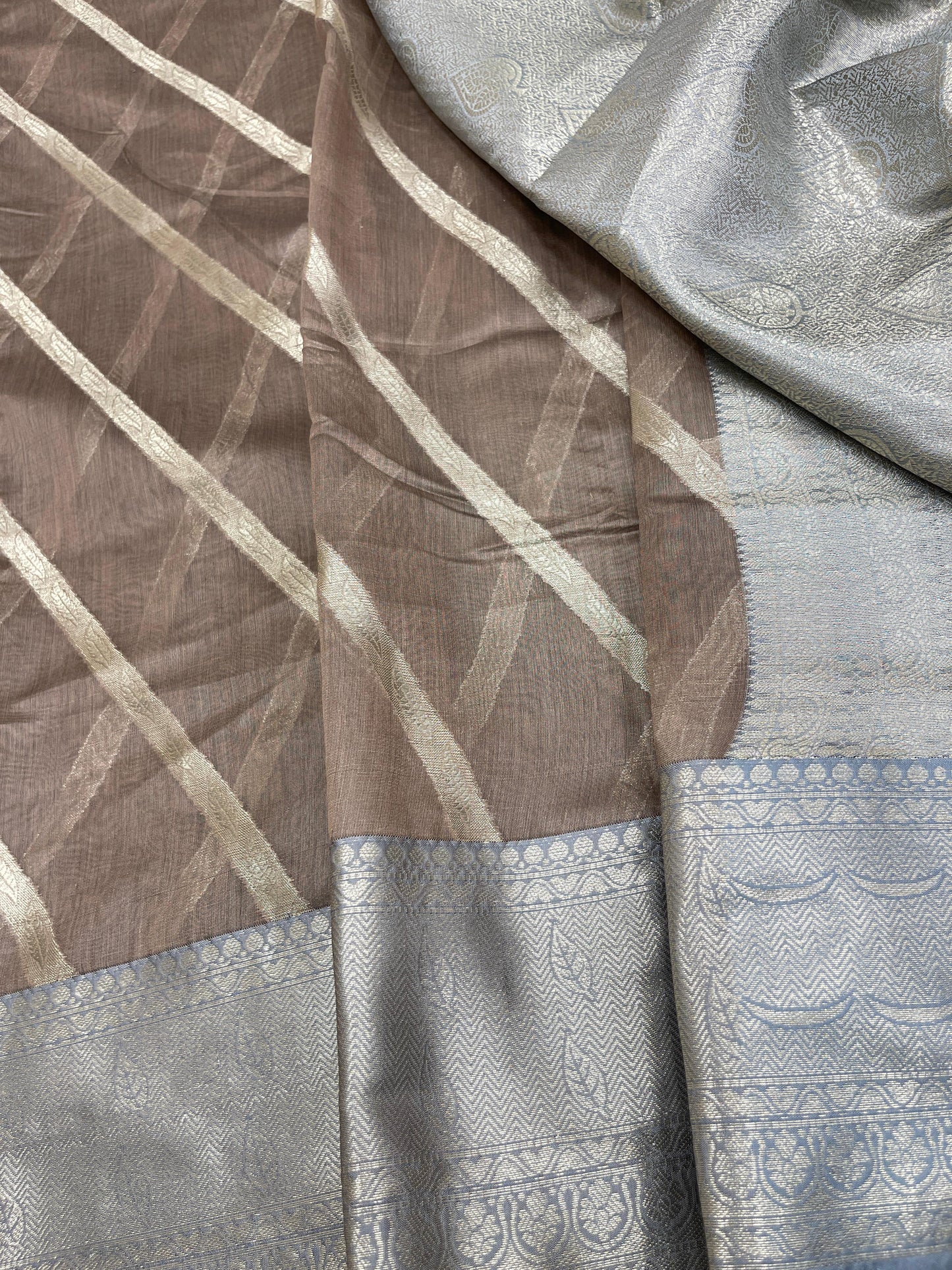 Light Brown Cotton Water Zari Stripe Banarasi Saree JVC_19