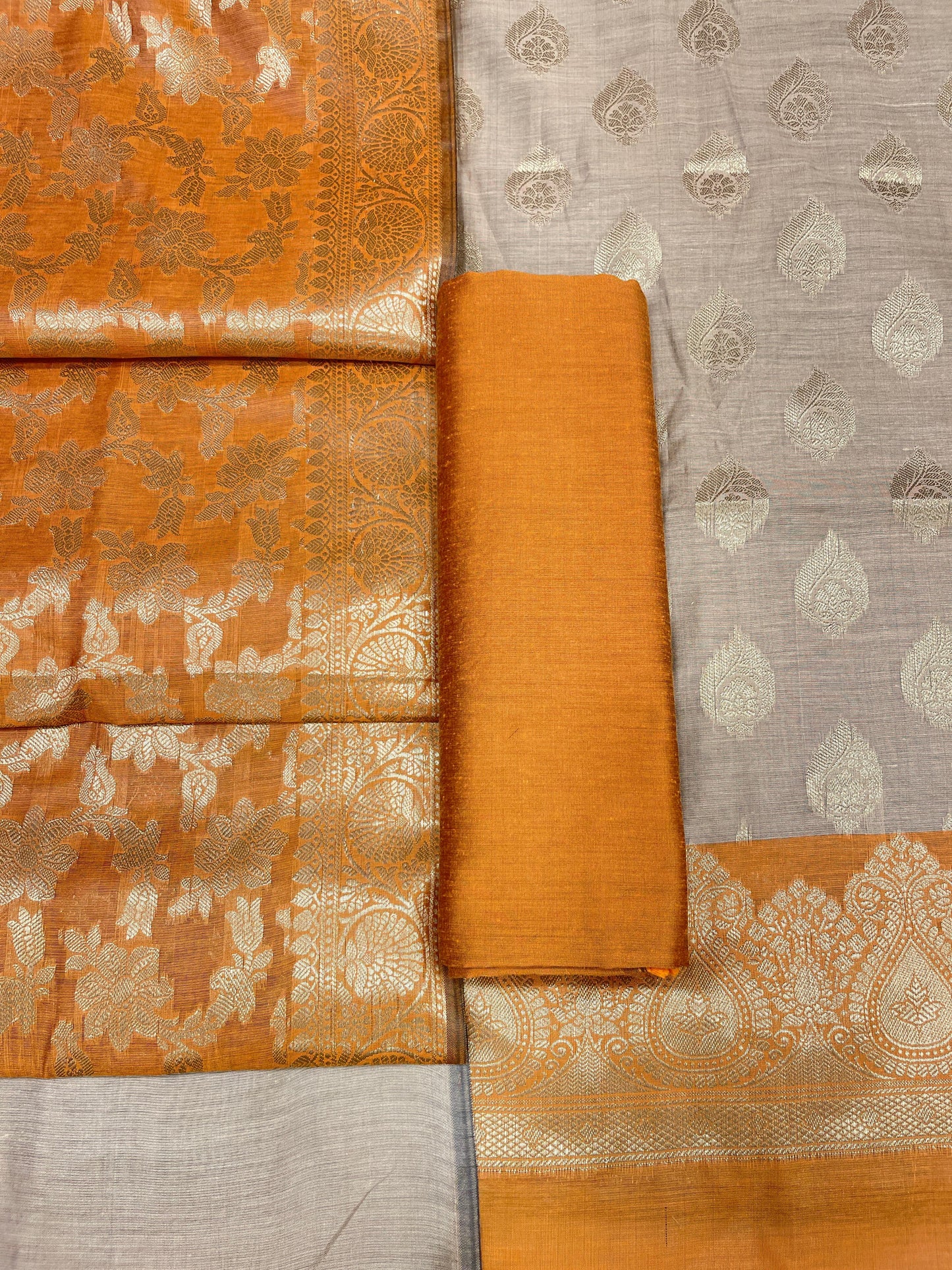 Beige Cotton Silk Banarasi 3 pcs Suit Set with Contrast Mustard Dupatta 525IM_CS41