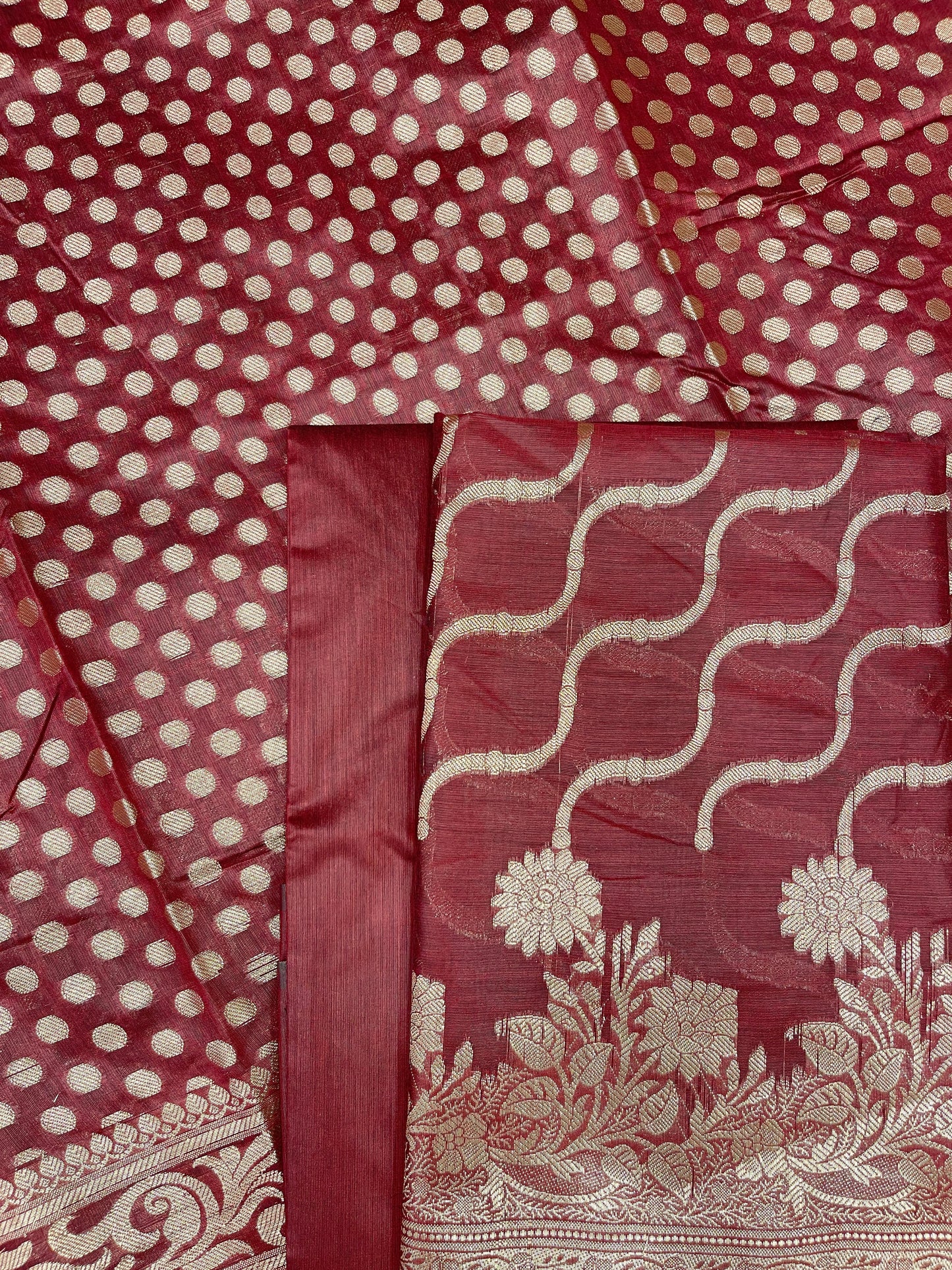 Maroon Cotton Silk Lehariya Banarasi 3 pcs Suit Set 675JVC_104