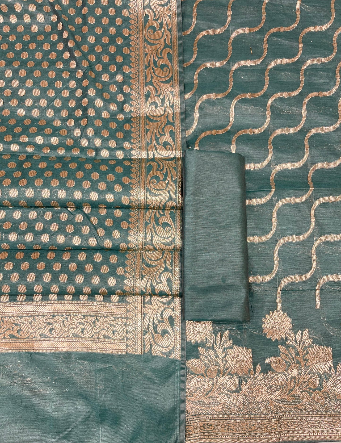 Dark Green Cotton Silk Lehariya Banarasi 3 pcs Suit Set 675JVC_107