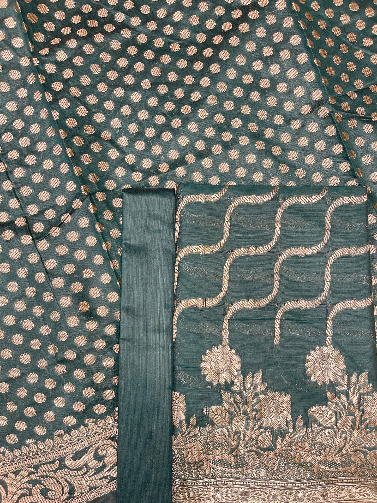 Dark Green Cotton Silk Lehariya Banarasi 3 pcs Suit Set 675JVC_107