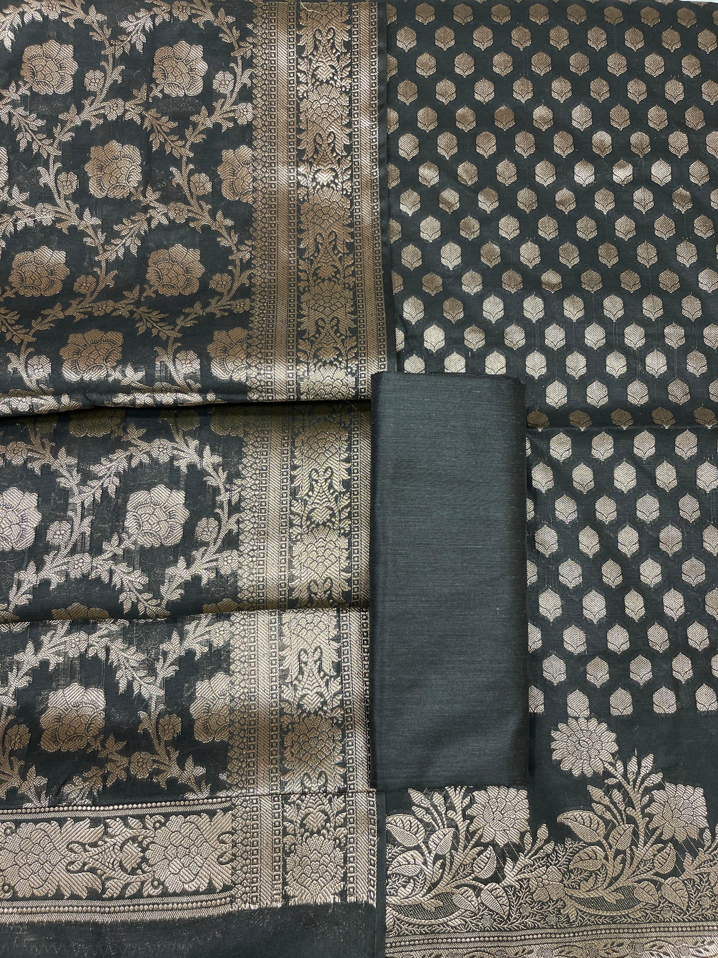 Black Cotton Silk Banarasi 3 pcs Suit Set 675JVC_120