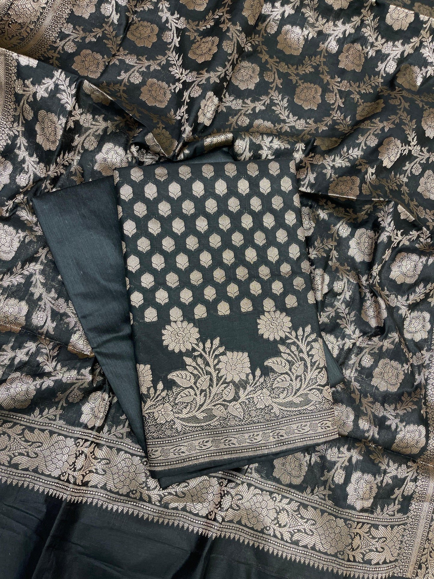 Black Cotton Silk Banarasi 3 pcs Suit Set 675JVC_120