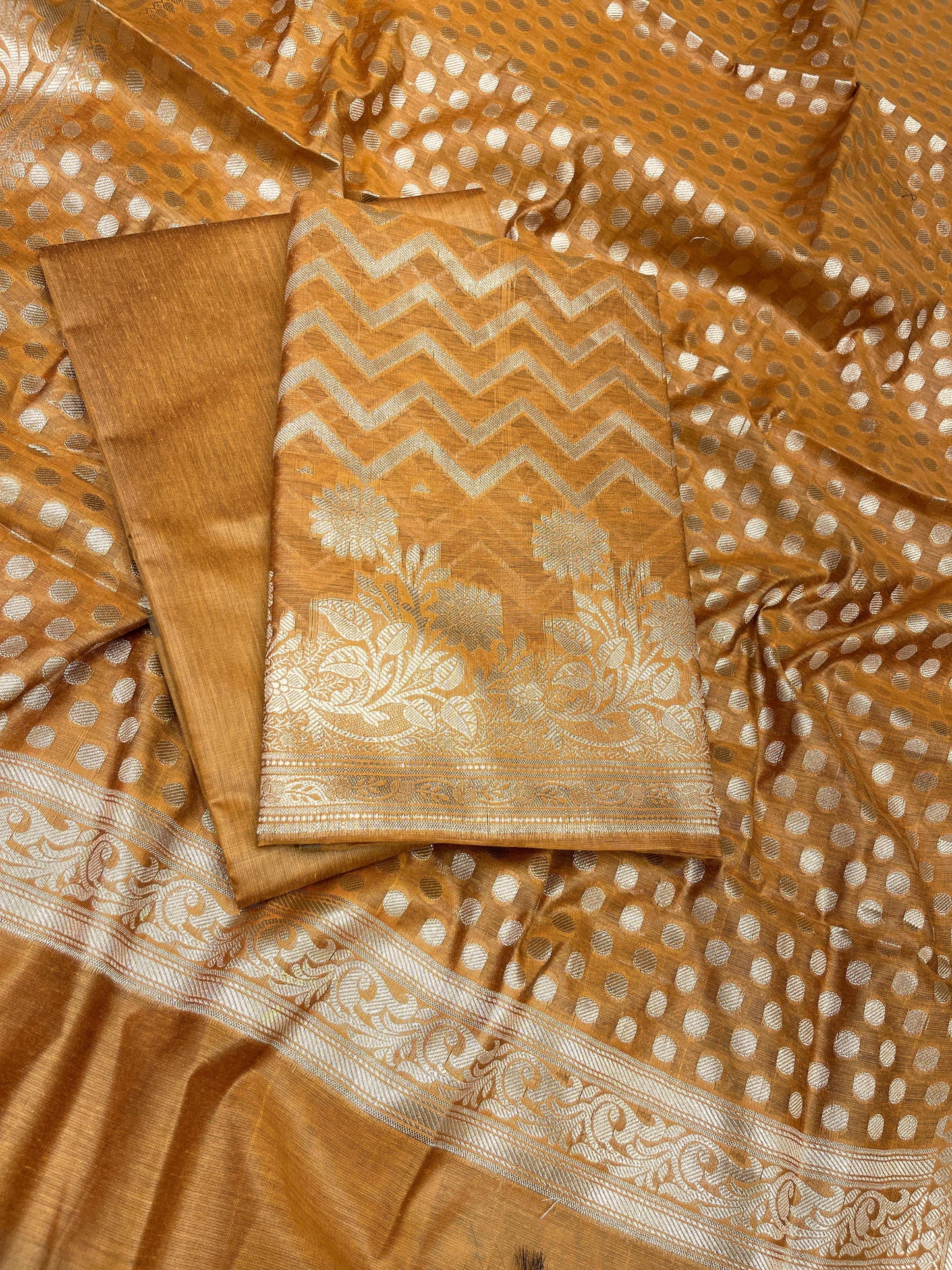 Mustard Gold Cotton Silk Zig-Zag Banarasi 3 pcs Suit Set 675JVC_126