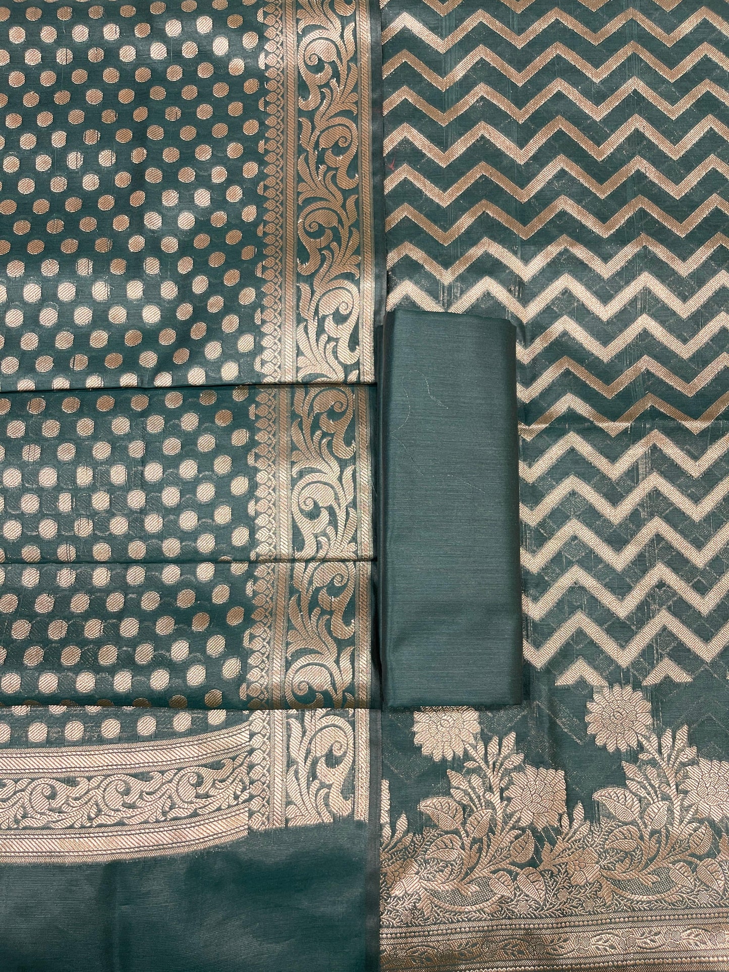 Dark Green Cotton Silk Zig-Zag Banarasi 3 pcs Suit Set 675JVC_128