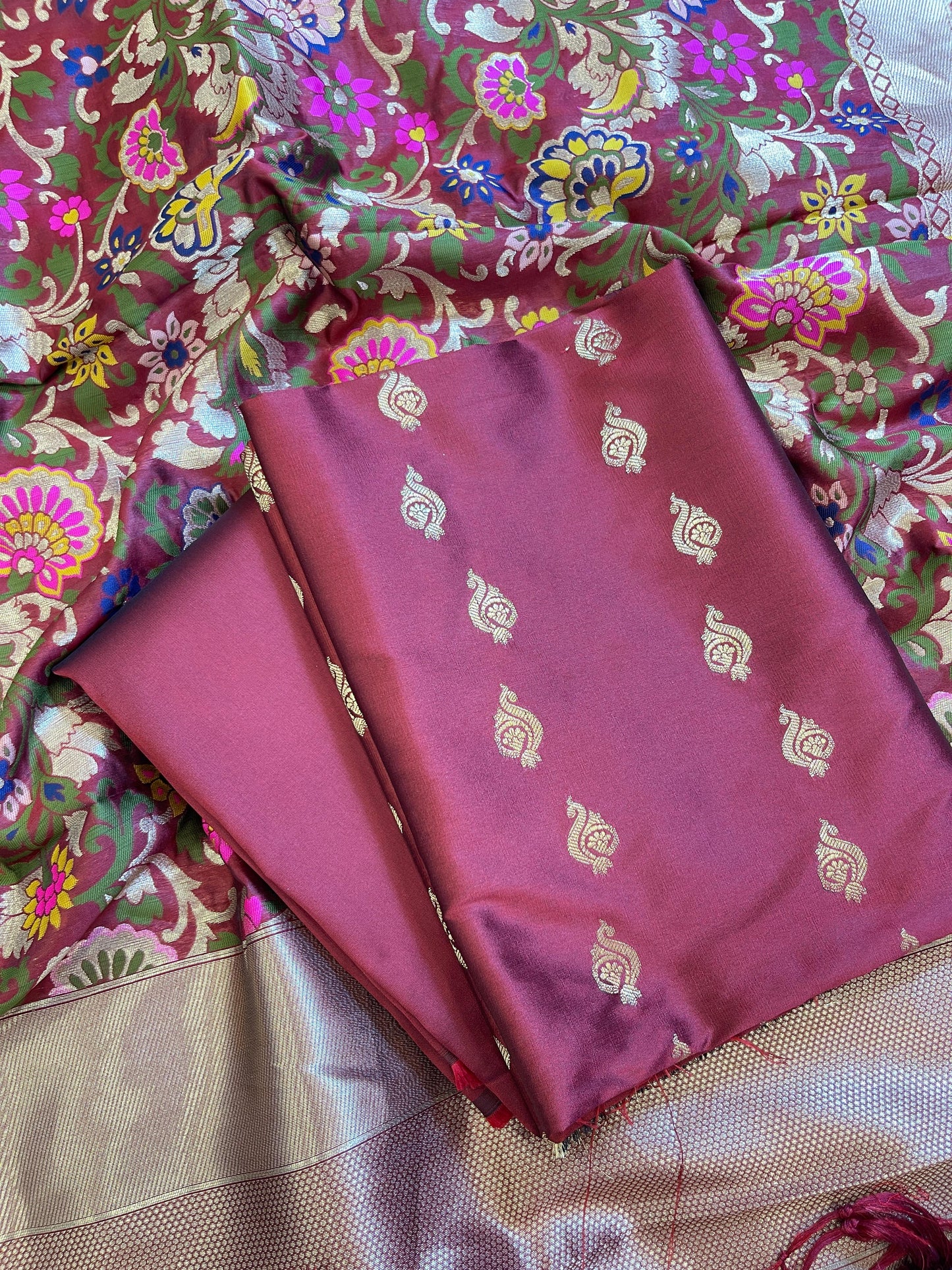 Burgundy Katan Silk Zari Booti Banarasi 3 pcs Suit Set with Multicolor Mina Dupatta 700SKL_KS10