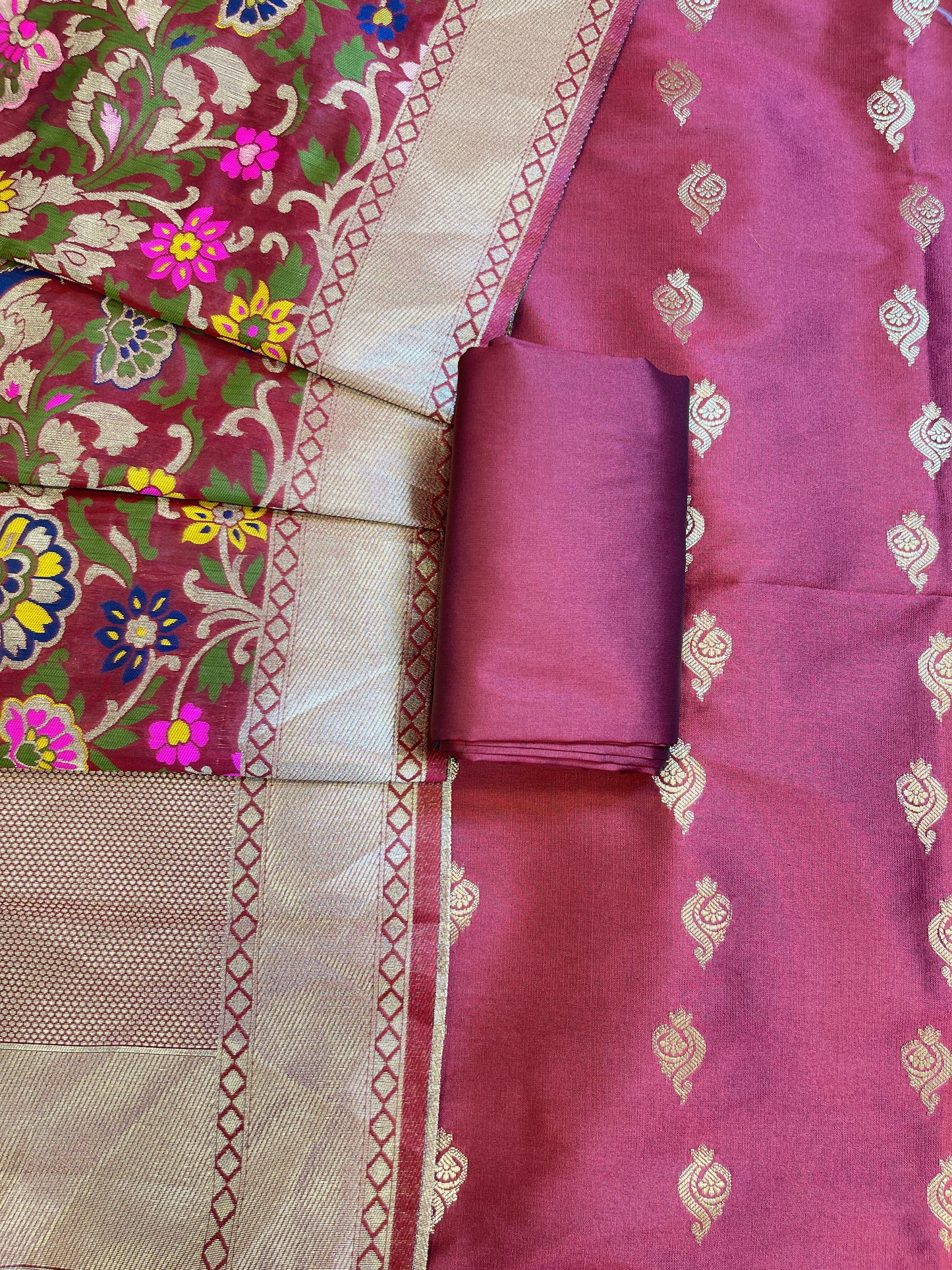 Burgundy Katan Silk Zari Booti Banarasi 3 pcs Suit Set with Multicolor Mina Dupatta 700SKL_KS10