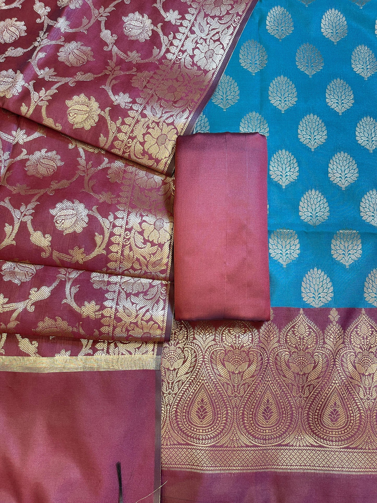 Seagreen Art Silk Floral Zari Boota Contrast Banarasi Suit with Maroon Dupatta 625AJ_TPT7
