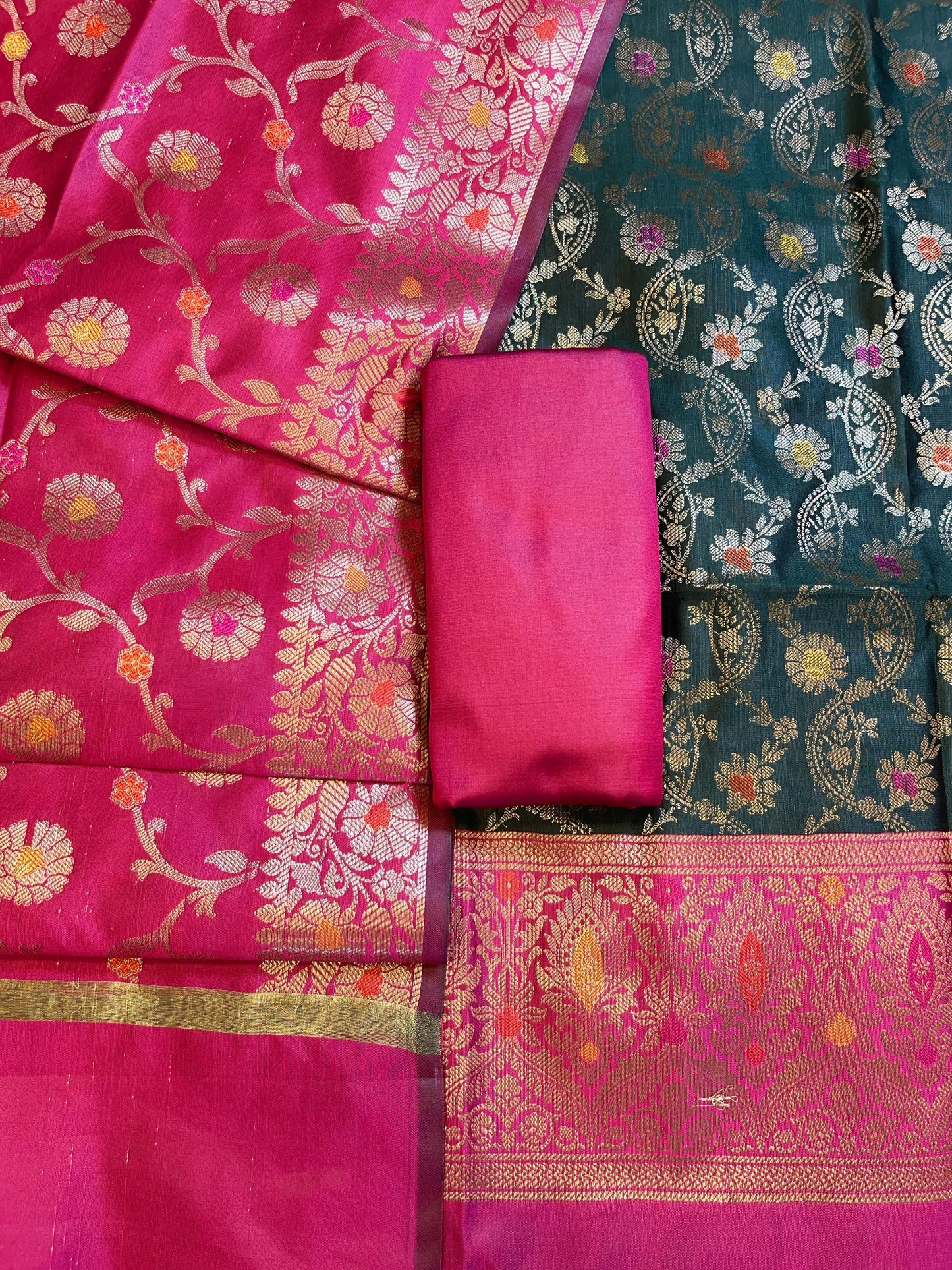 Darkgreen Art Silk Floral Zari Mina Jaal Contrast Banarasi Suit with Pink Dupatta 625AJ_TPT14