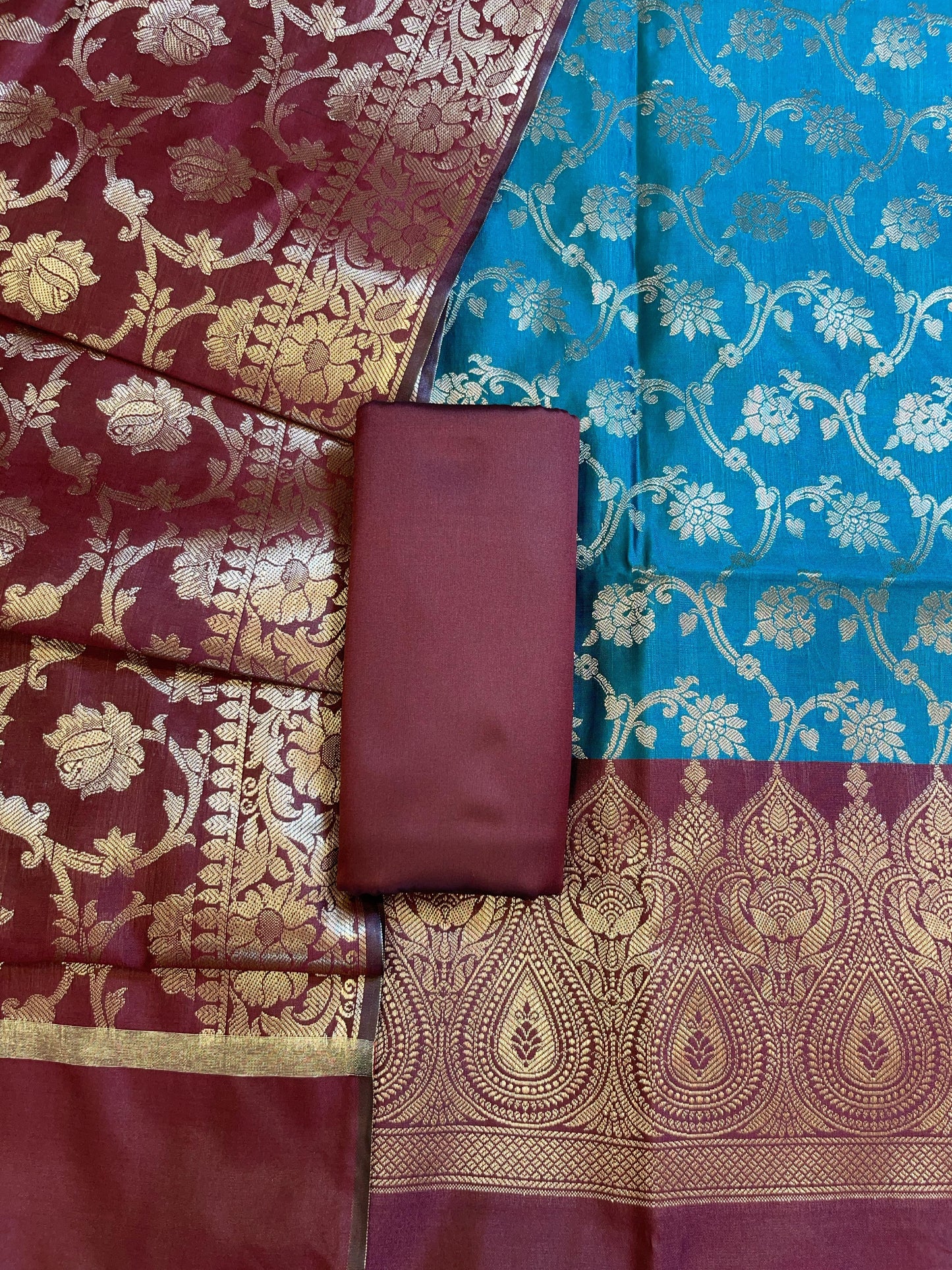 Seagreen Art Silk Floral Zari Jaal Contrast Banarasi Suit with Maroon Dupatta 625AJ_TPT20