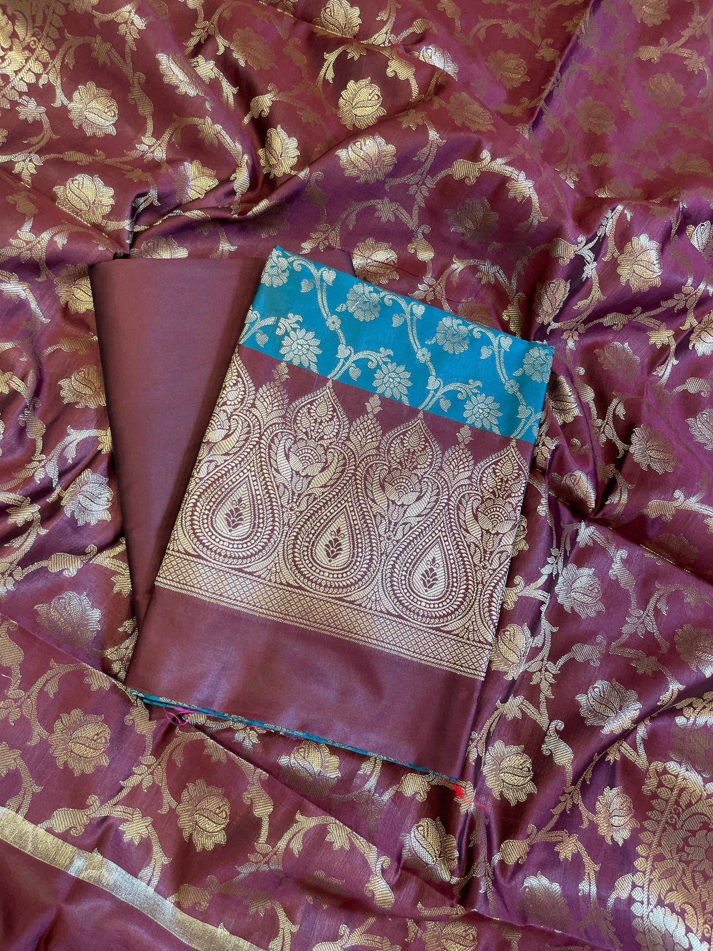 Seagreen Art Silk Floral Zari Jaal Contrast Banarasi Suit with Maroon Dupatta 625AJ_TPT20