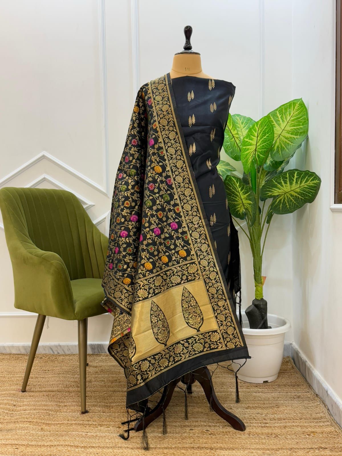 Black Katan Silk Zari With Multicolor Mina Jaal Dupatta 800SKL_KS31