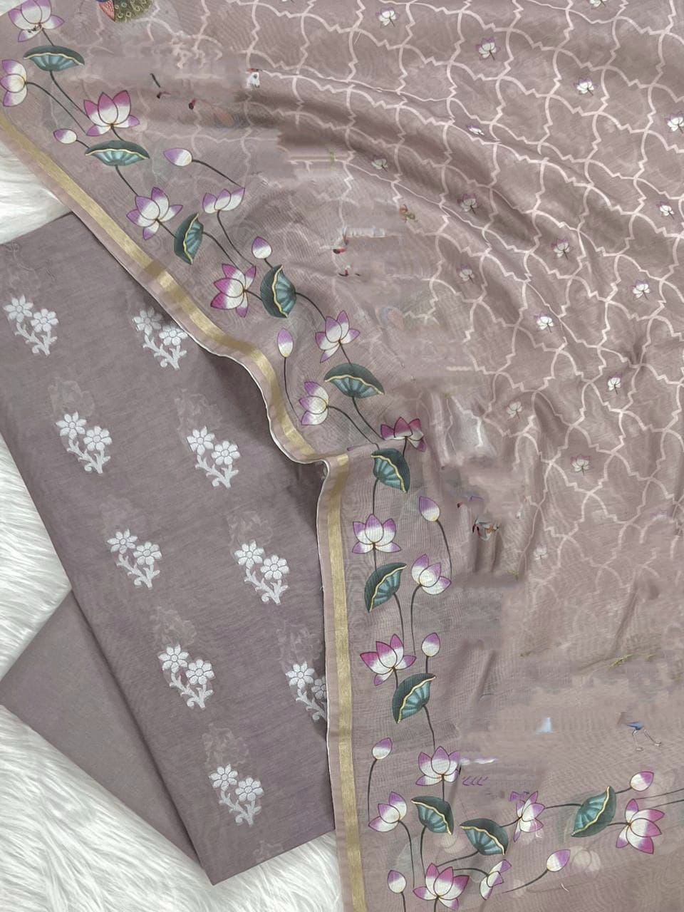 Light Brown Pure Mercerised Resham Booti Digital Print Dupatta Banarasi Suit Set 1000SKL_RM11