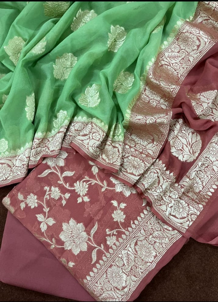 Maroon Premium Khaddi Georgette Floral Water Zari Jaal Banarasi Suit Set with Contrast Green Dupatta 6500SKL_KG19
