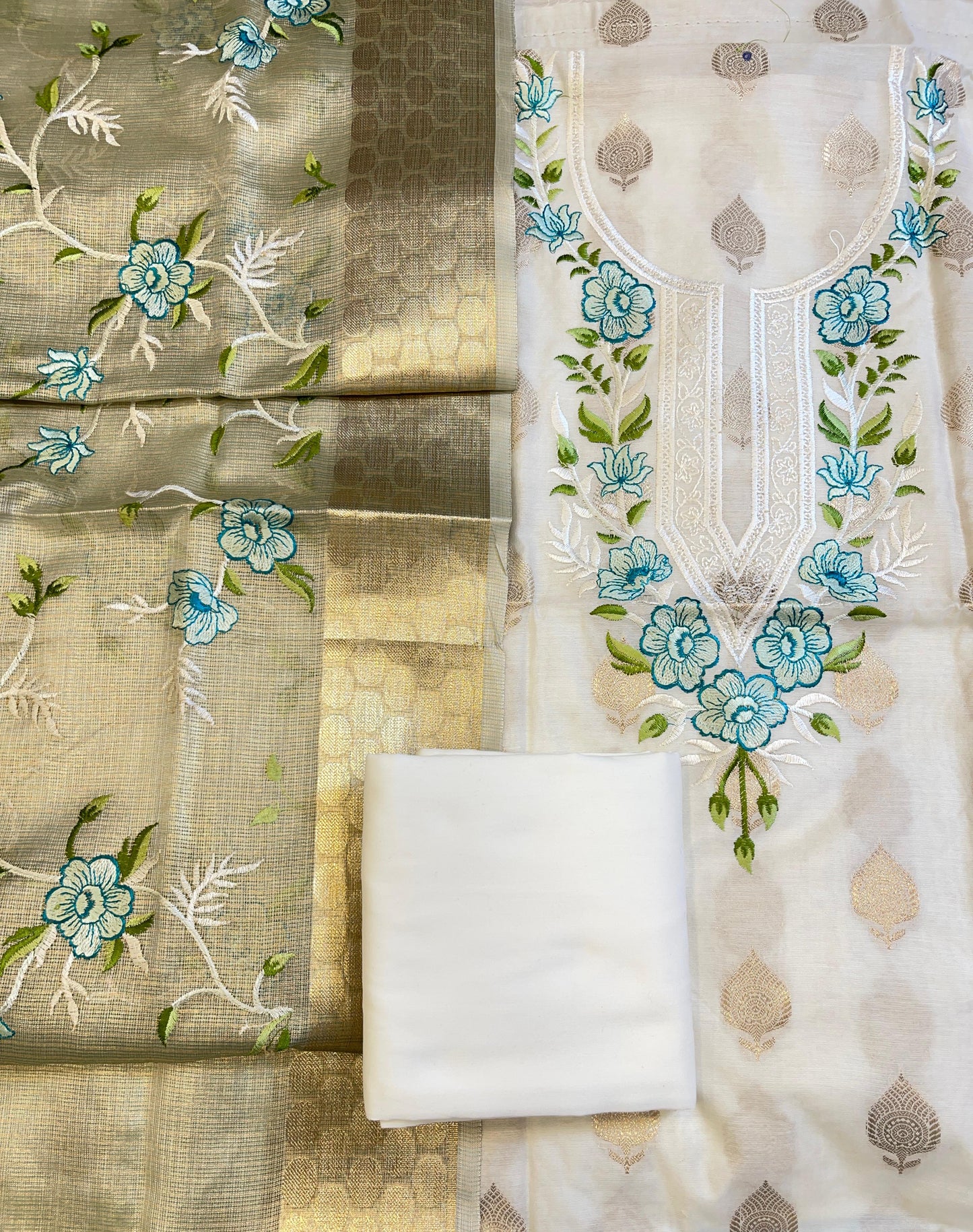 Off white Cotton Silk Dyable Embroidery Necklace with Tissue Silk Embroidered Dupatta Banarasi 3 pcs Suit Set IM_NC5