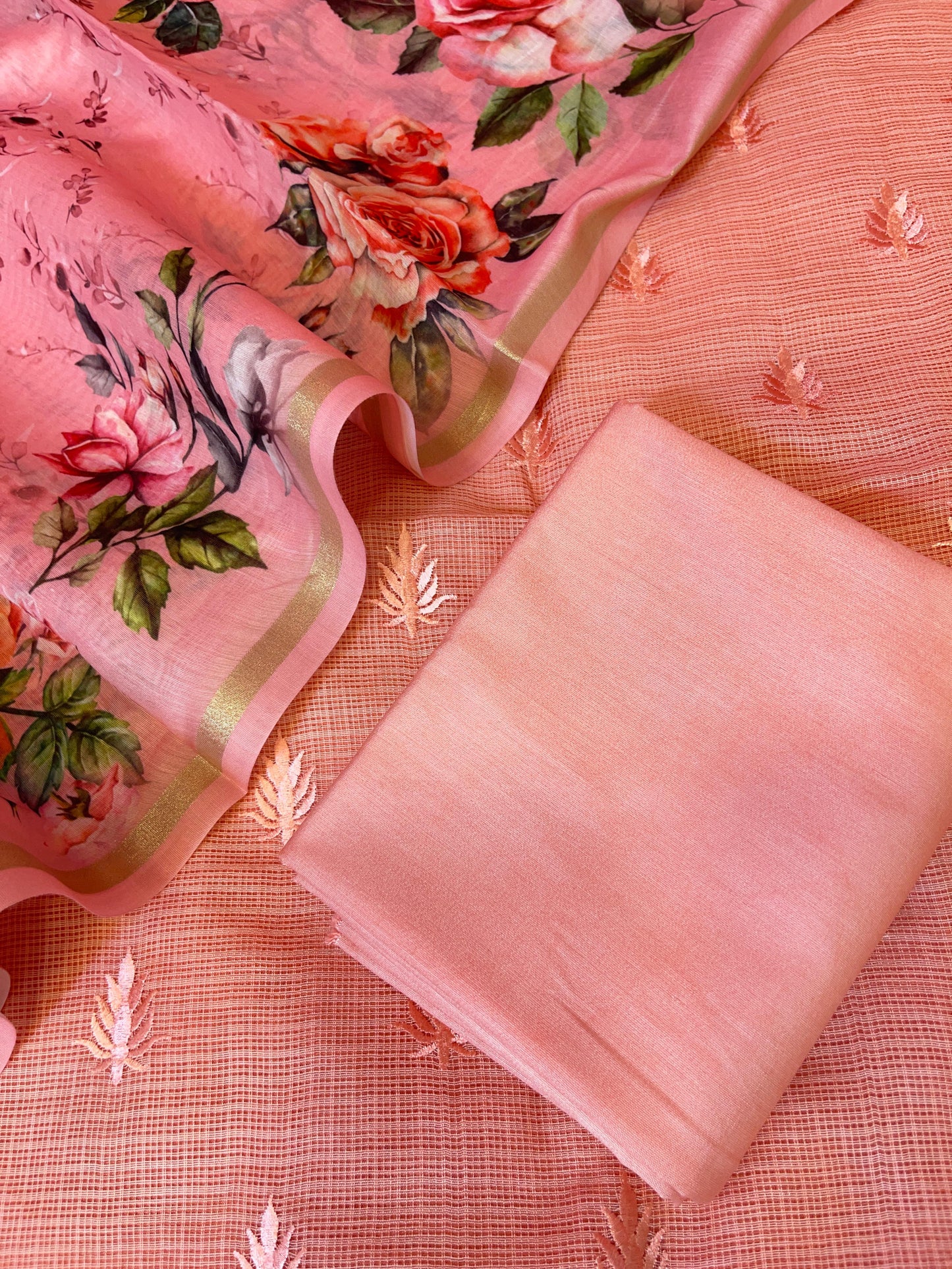 Peach Kota Check Resham Embroidery with Digital Print Dupatta Banarasi Suit Set 1SKL_KC14