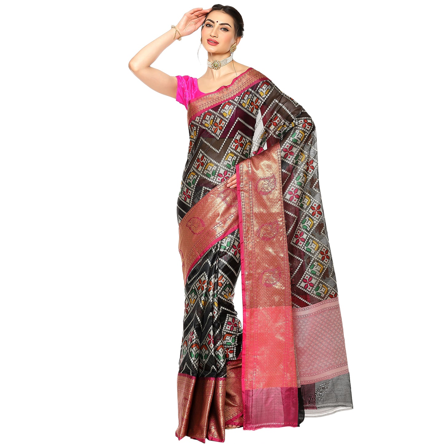 Faishana Black Art Silk Meena Ikat Patola Pattu Banarasi Saree With Maroon Blouse