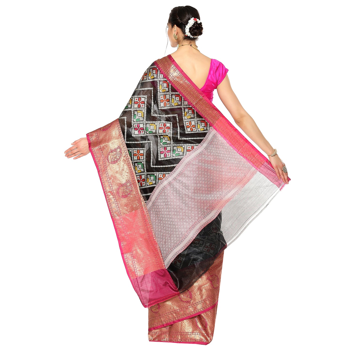 Faishana Black Art Silk Meena Ikat Patola Pattu Banarasi Saree With Maroon Blouse