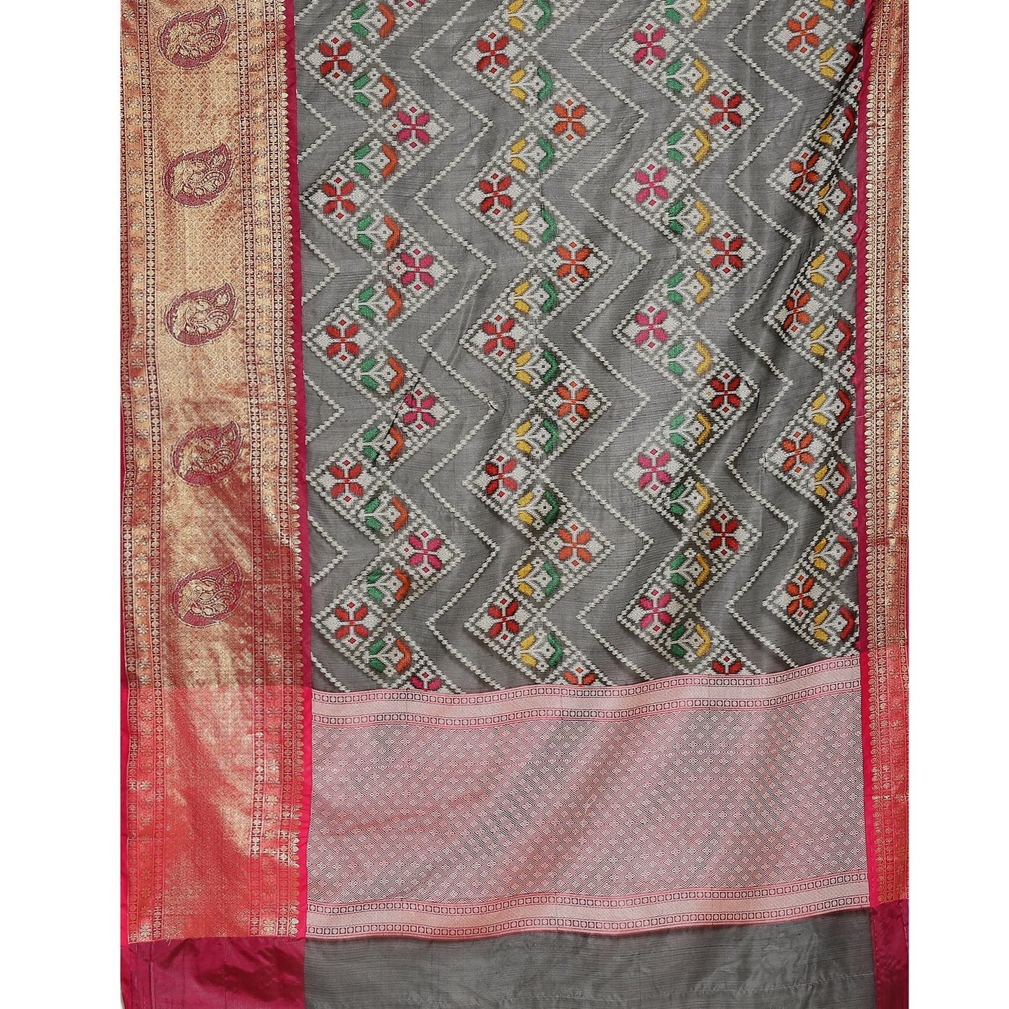 Faishana Black Art Silk Meena Ikat Patola Pattu Banarasi Saree With Maroon Blouse