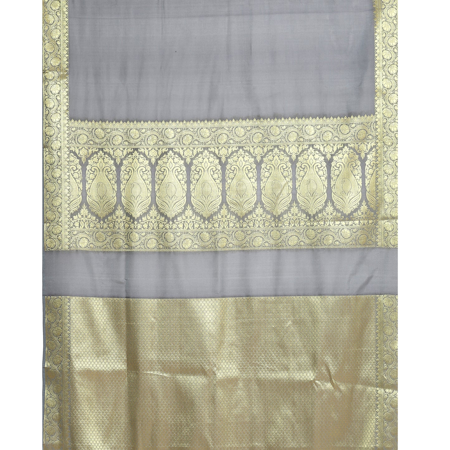 Faishana Presents Grey Katan Silk Plain Zari Anchal With Contrast Gold Zari Border Banarasi Saree
