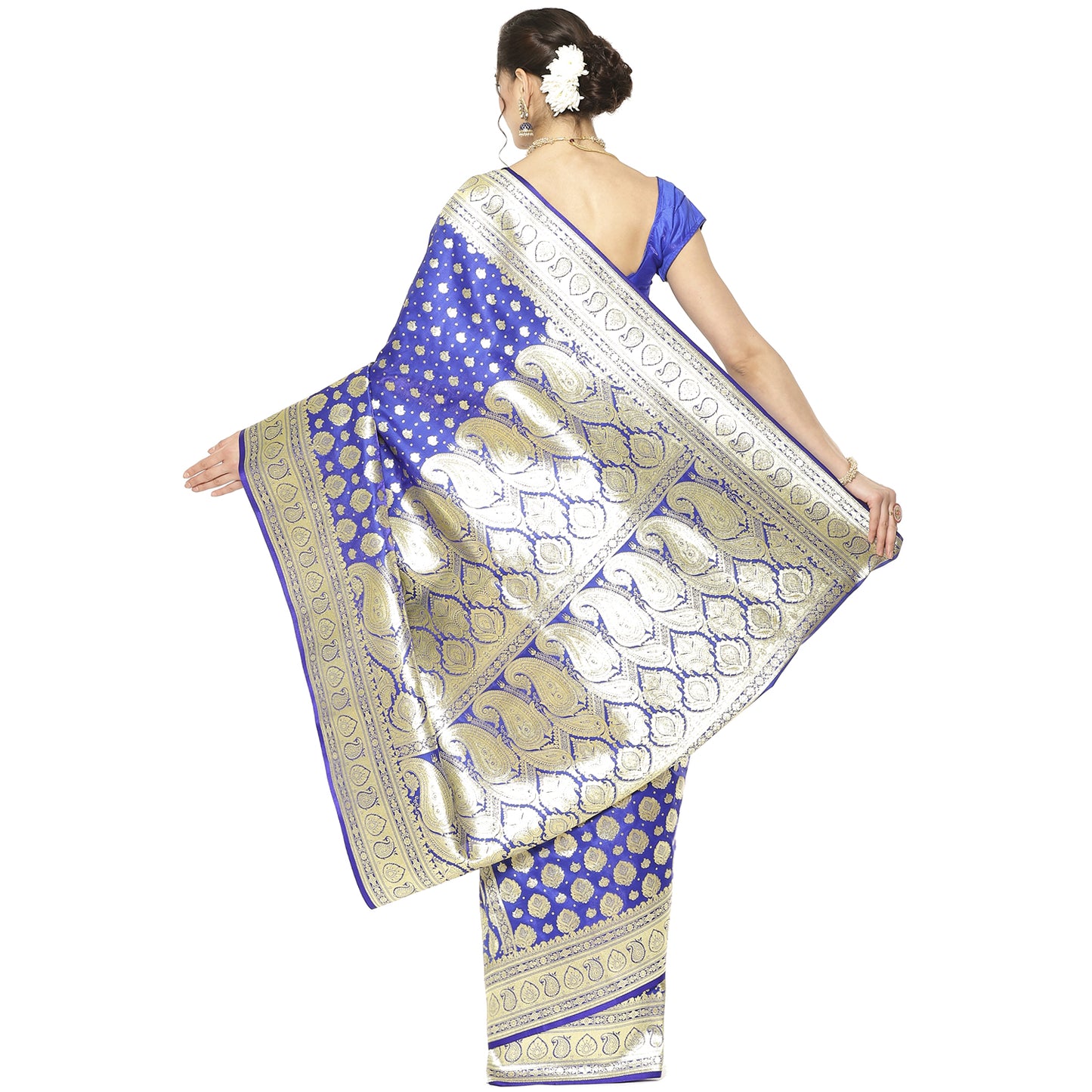 Faishana Presents Blue Half Half Patli Zari Jaal Satin Silk Saree With Blue Blouse Piece