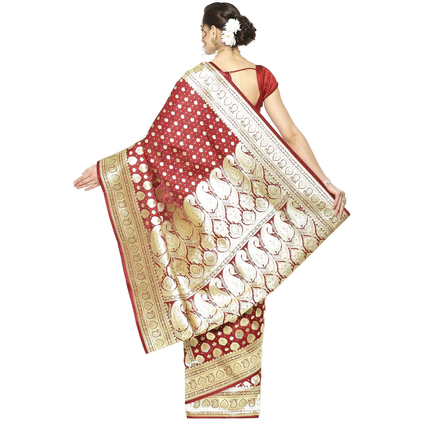 Faishana Presents Maroon Half Half Patli Zari Jaal Satin Silk Saree With Maroon Blouse Piece