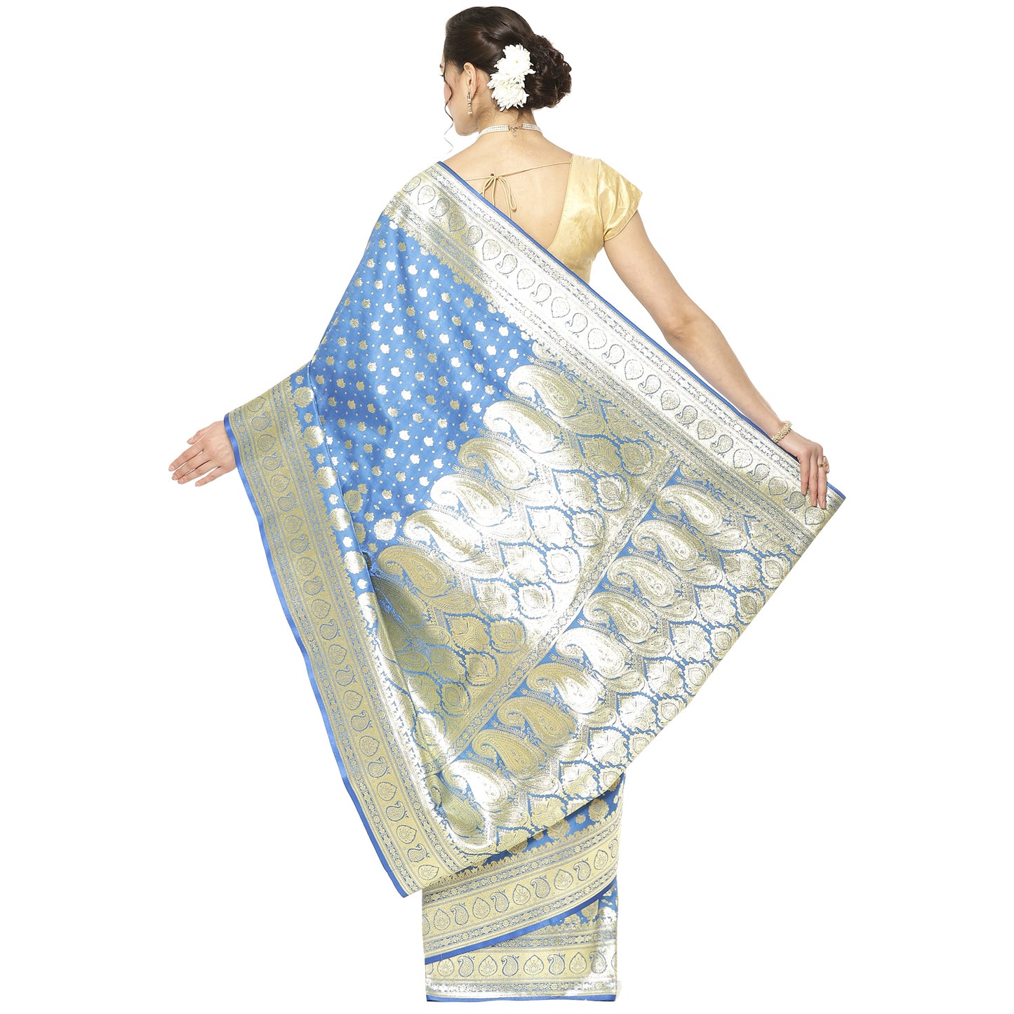 Faishana Presents Turqouise Blue Half Half Patli Zari Jaal Satin Silk Saree With Turqouise Blue Blouse Piece