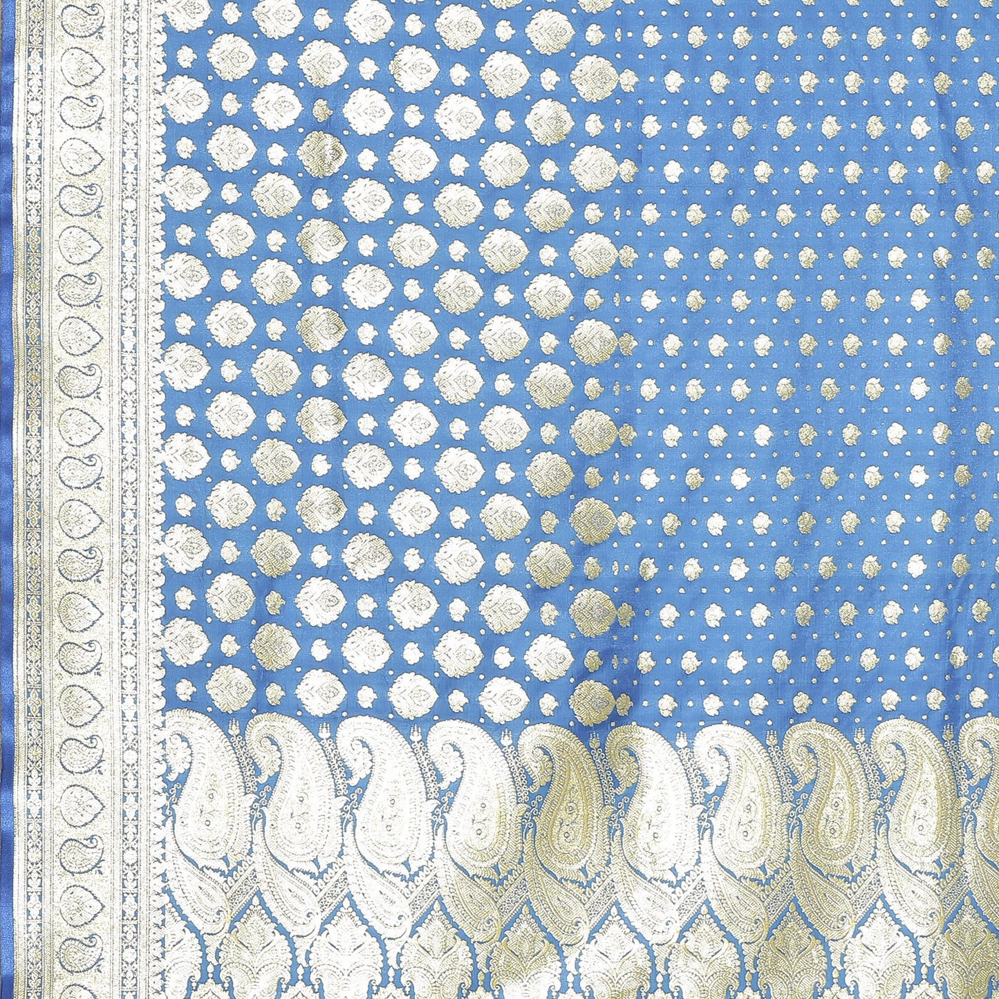 Faishana Presents Turqouise Blue Half Half Patli Zari Jaal Satin Silk Saree With Turqouise Blue Blouse Piece