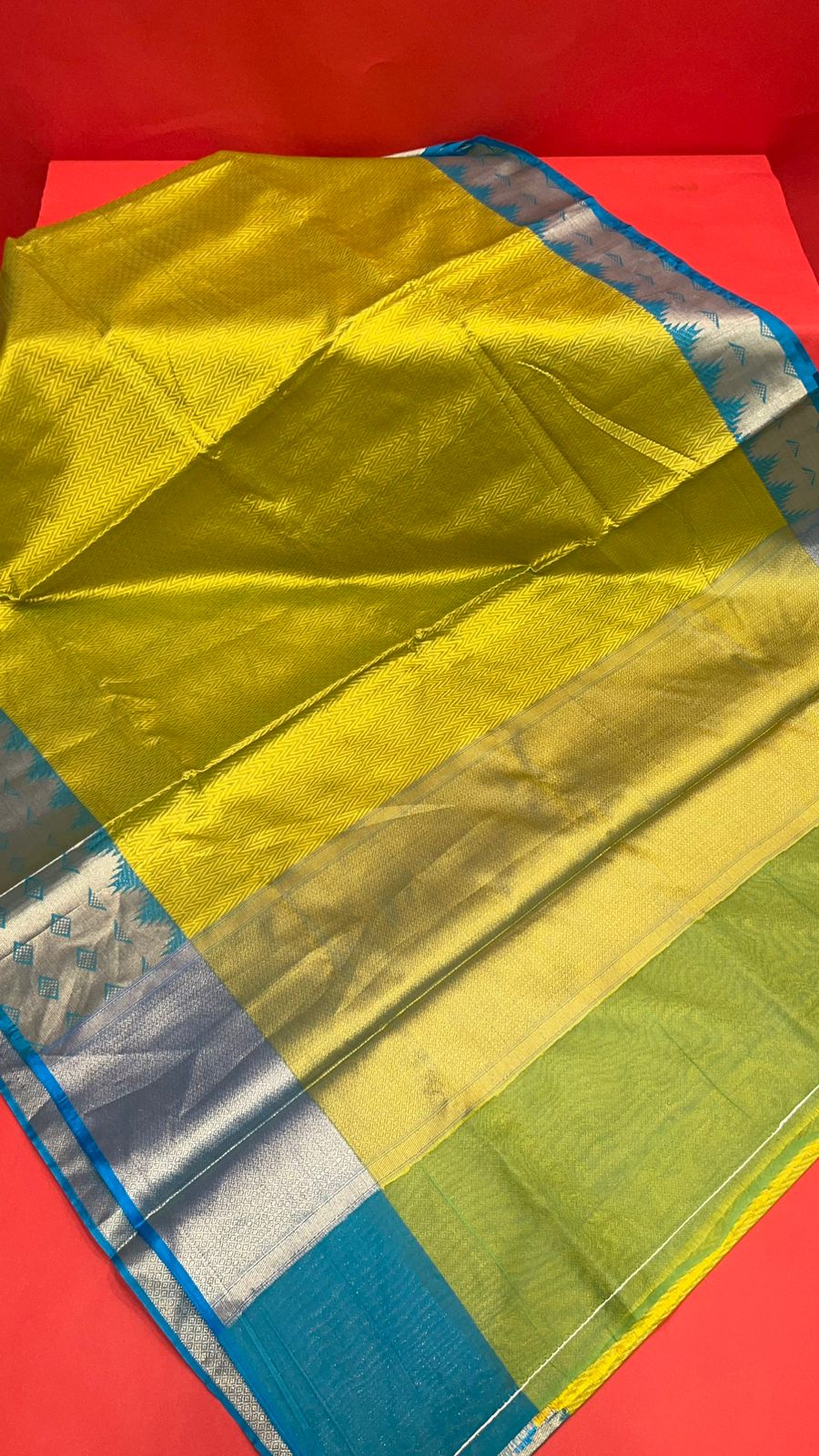 Faishana Gold Resham Brocade Saree With Contrast Blue Zari Pattu Border