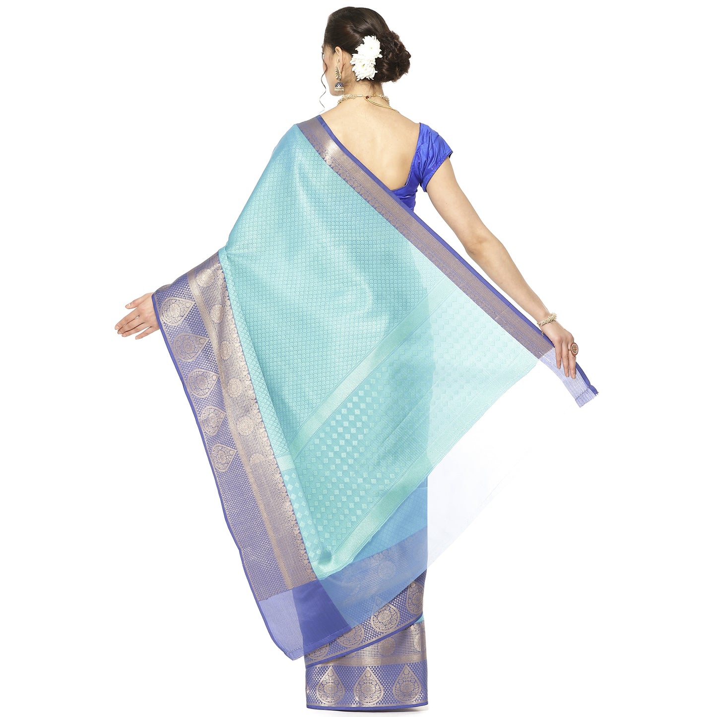 Turquoise Blue Tanchoi Banarasi Sarees For Women GEBC11