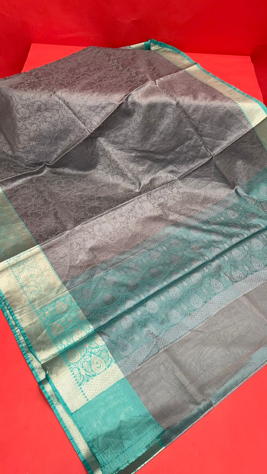 Faishana Grey Resham Brocade Saree With Contrast Seagreen Zari Pattu Border
