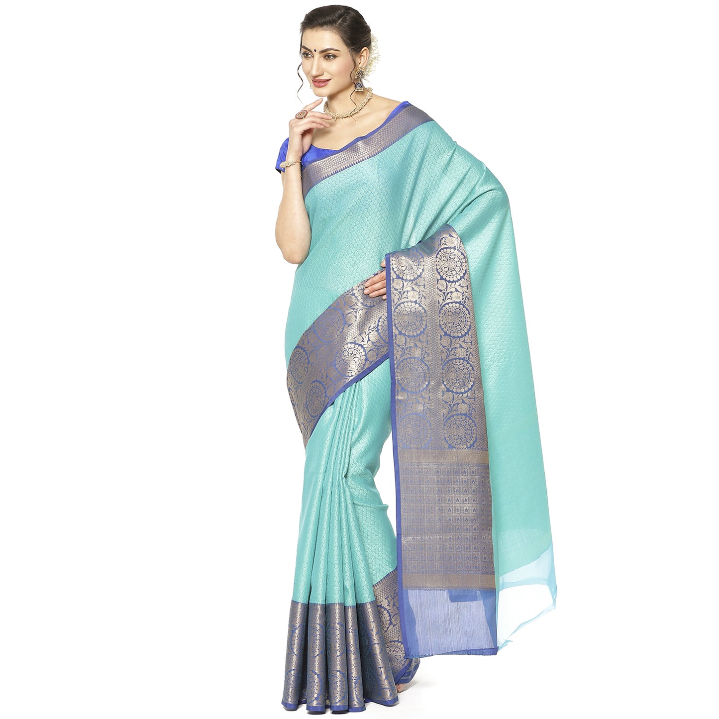 Turquoise Blue Tanchoi Banarasi Sarees For Women GEBC9