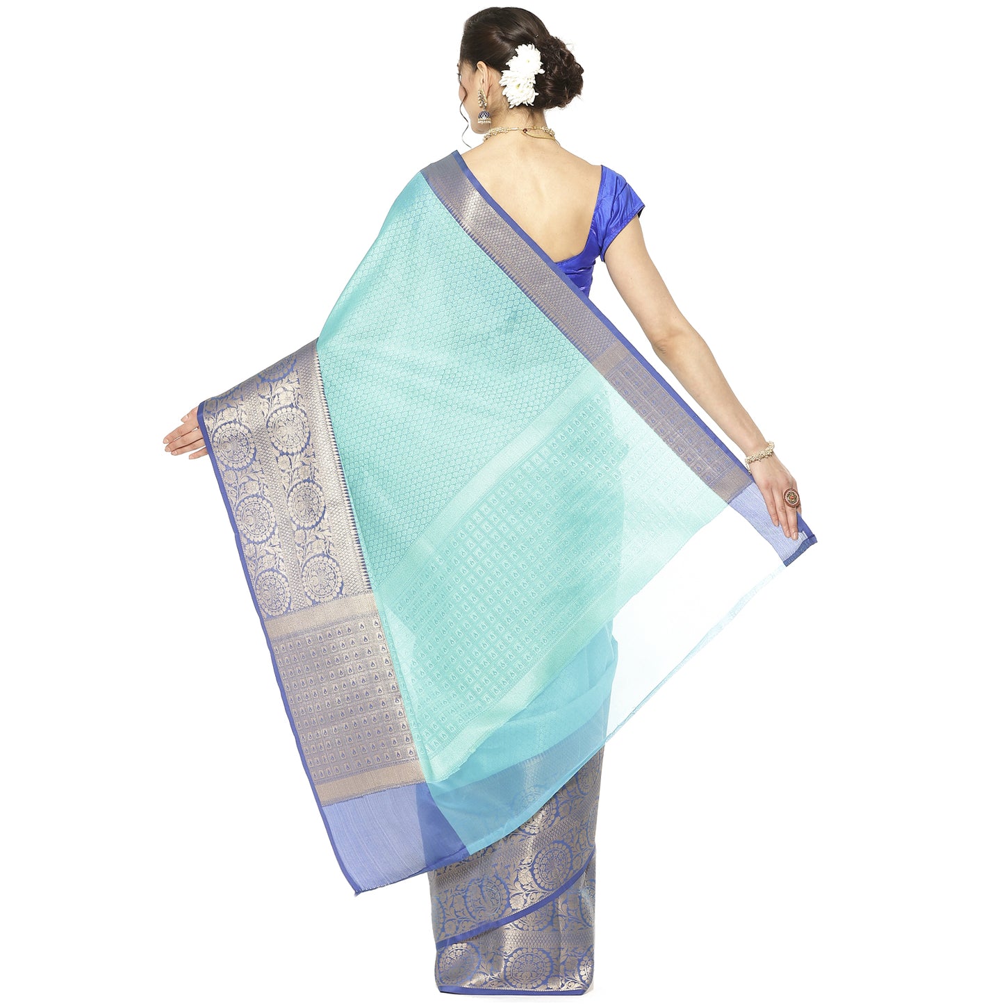 Turquoise Blue Tanchoi Banarasi Sarees For Women GEBC9