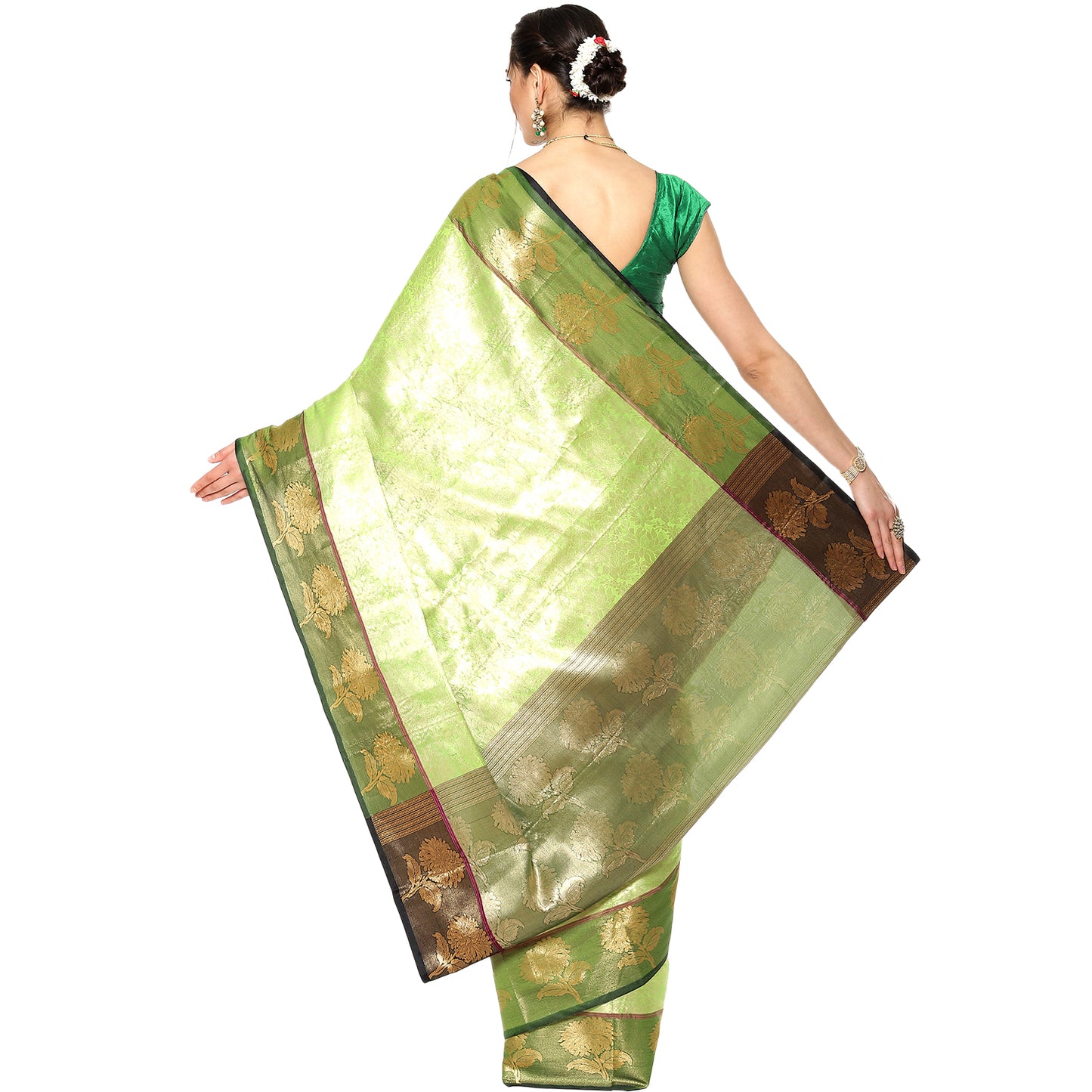 Faishana Presents Light Green Zari Kanchi Silk Brocade Contrast Zari Pattu Border Banarasi Saree