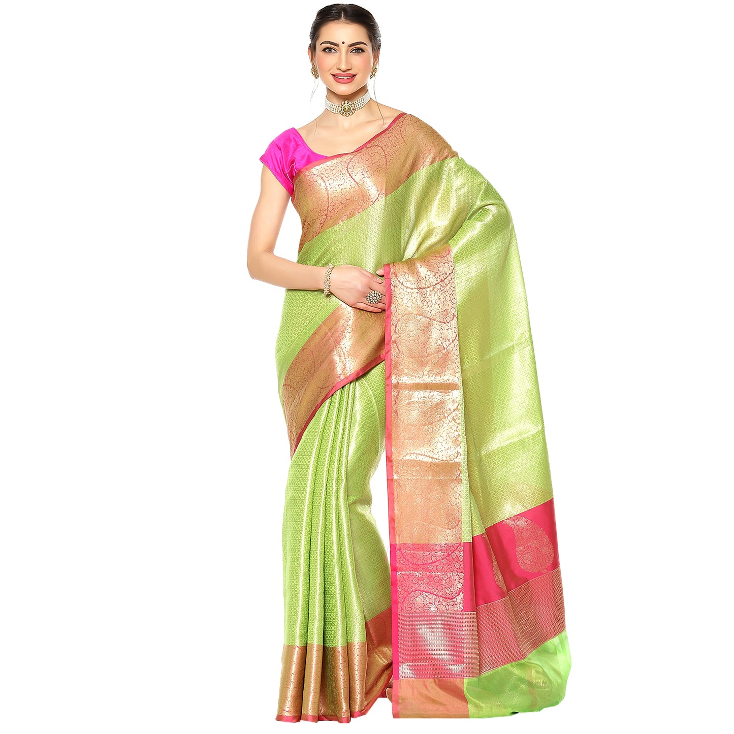 Lime Green Kanchi Silk Banarasi Sarees For Women GEBE13