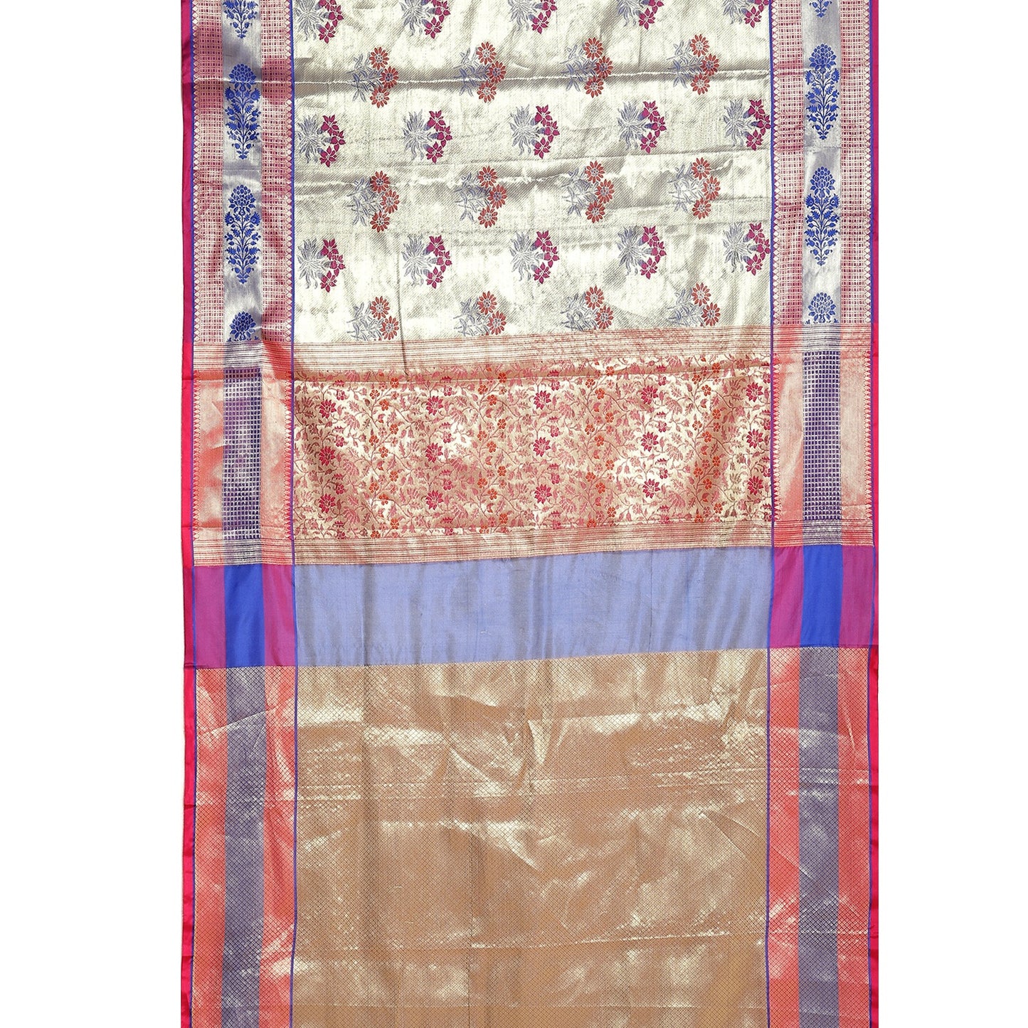 Faishana Presents Grey Zari Meena Paithani Brocade Contrast Pink Pattu Border Banarasi Saree