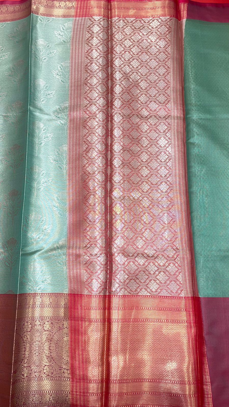 Faishana Presents Seagreen Silver Zari Kanchi Silk Brocade Contrast Pink Zari Pattu Border Banarasi Saree