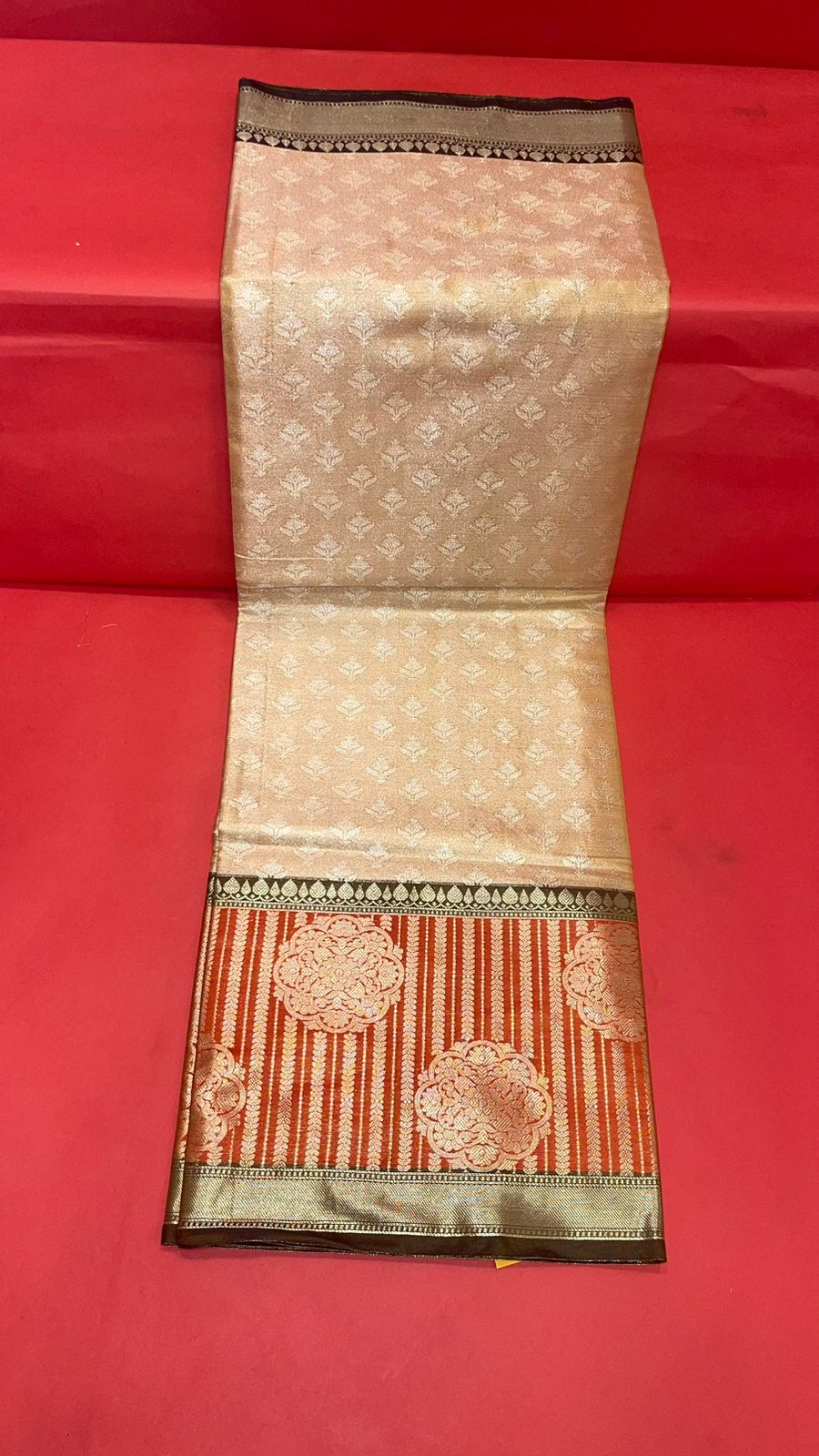 Faishana Presents Beige Silver Zari Kanchi Silk Brocade Contrast Orange Zari Pattu Border Banarasi Saree