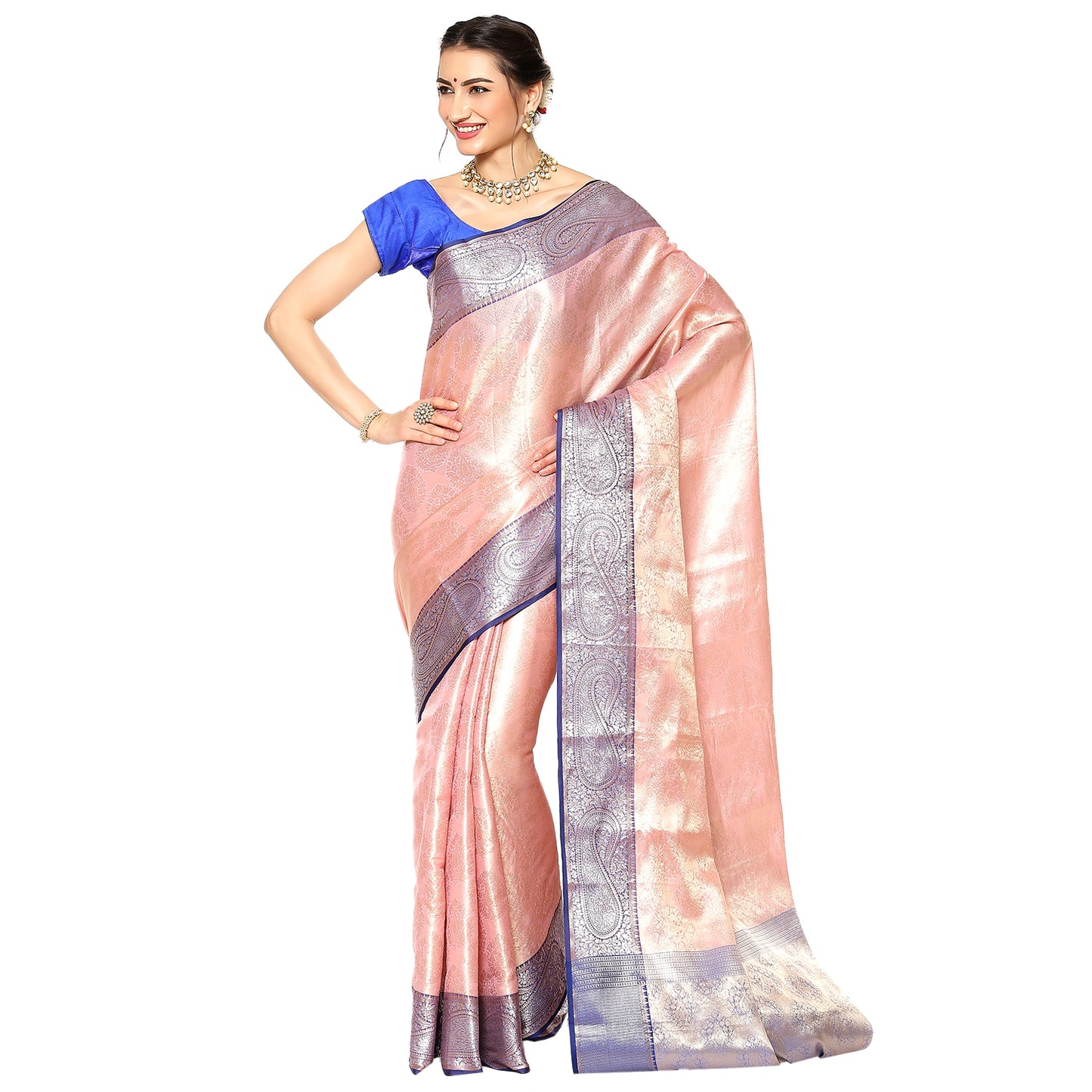 Faishana Presents Zari Pink Kanchi Silk Brocade Contrast Silver Gold Zari Jamawar Border Saree