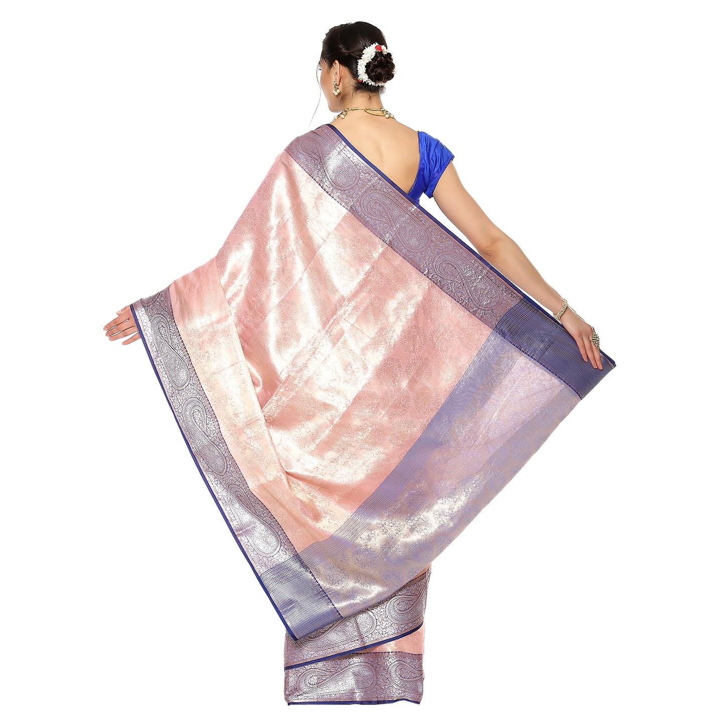 Faishana Presents Zari Pink Kanchi Silk Brocade Contrast Silver Gold Zari Jamawar Border Saree