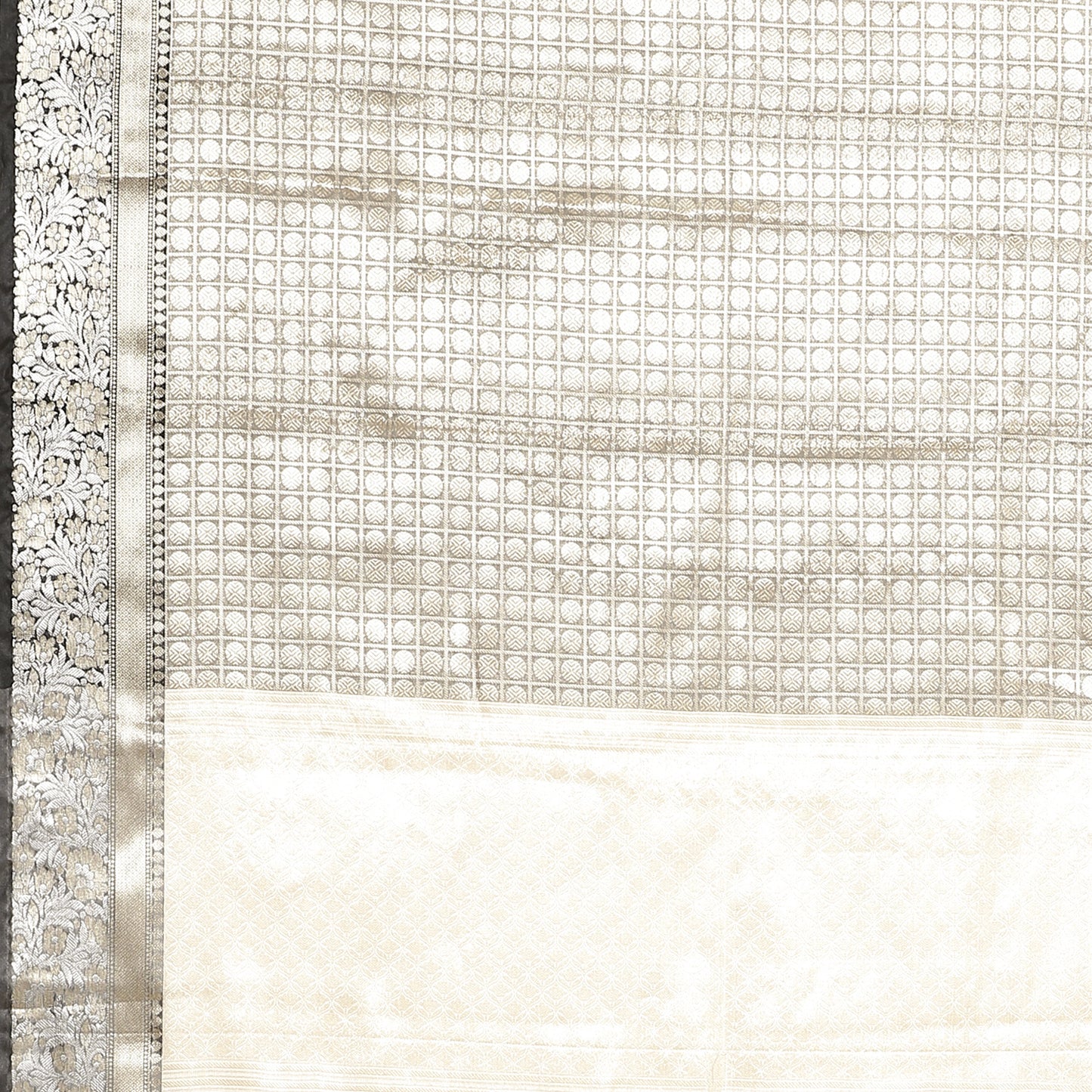 Faishana Presents Black Zari Kanchi Silk Brocade Contrast Silver Gold Zari Jamawar Black Border Saree