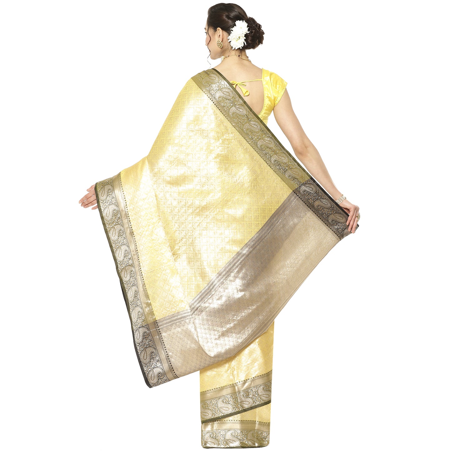 Faishana Presents Yellow Zari Kanchi Silk Brocade Contrast Silver Gold Zari Jamawar Border Banarasi Saree