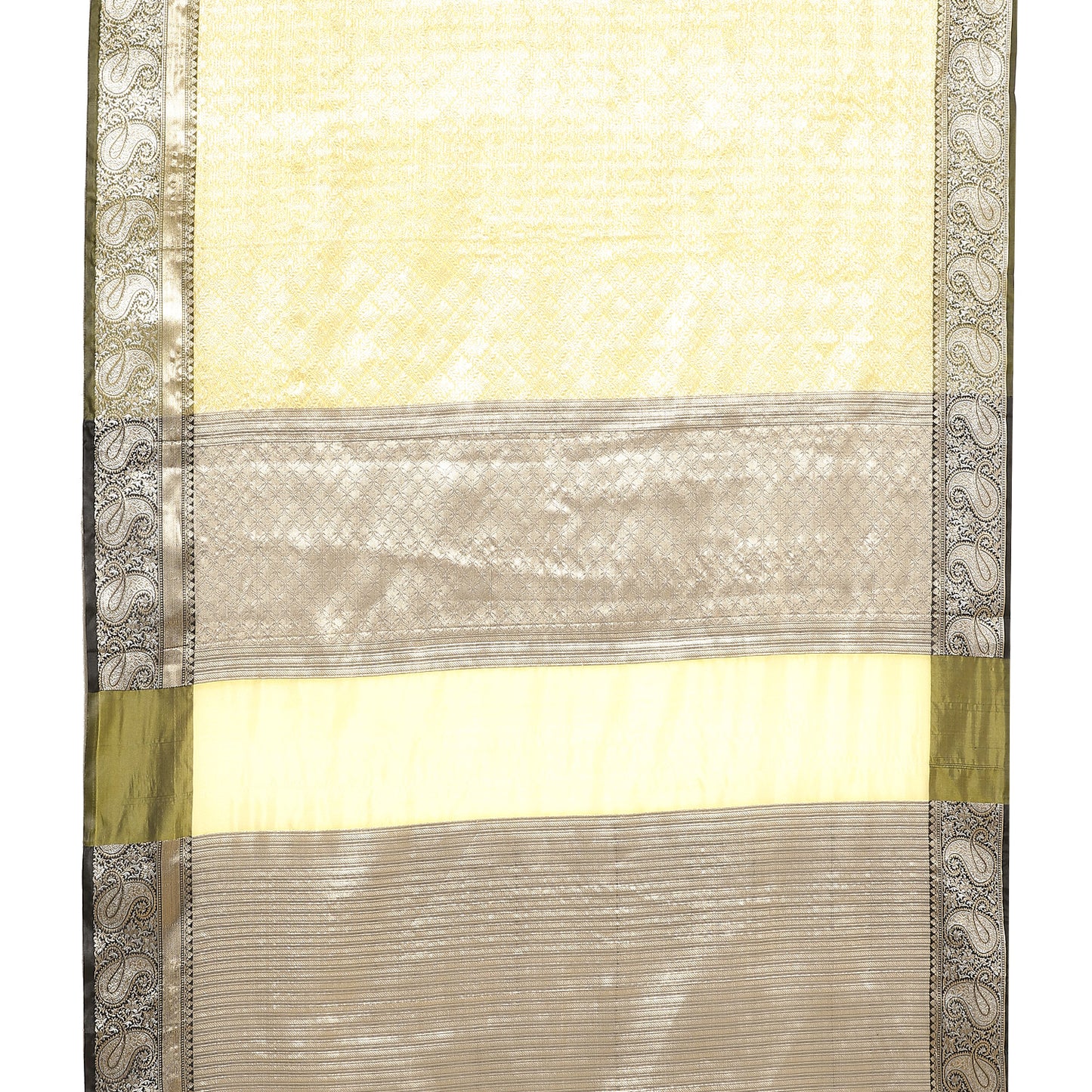 Faishana Presents Yellow Zari Kanchi Silk Brocade Contrast Silver Gold Zari Jamawar Border Banarasi Saree