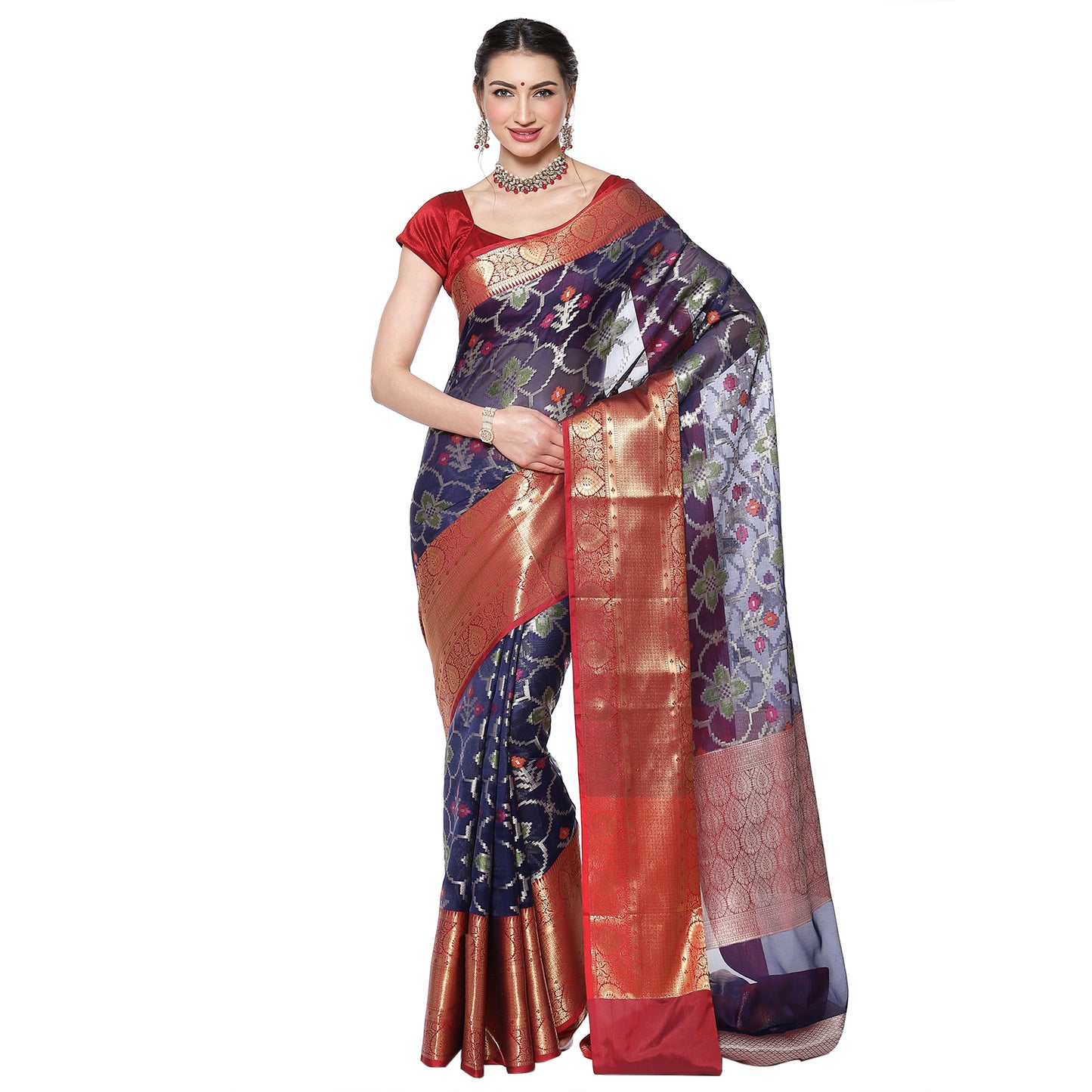 Faishana Presents Presents Navy Blue Zari Patola Contrast Zari Brocade Maroon Pattu Border Banarasi Saree.