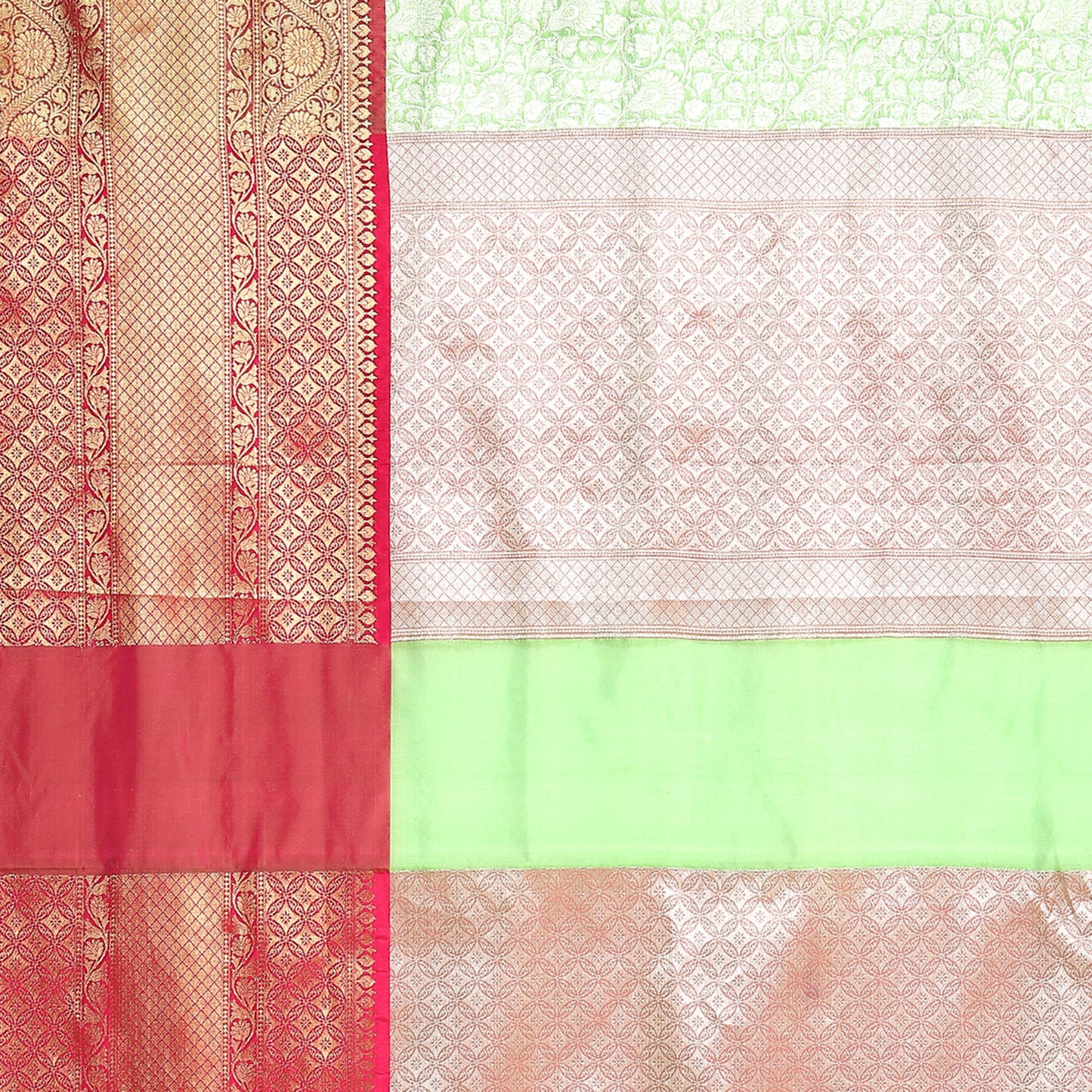 Faishana Presents Presents Green Kanchi Silk Zari Brocade Contrast Zari Brocade Red Pattu Border Banarasi Saree.